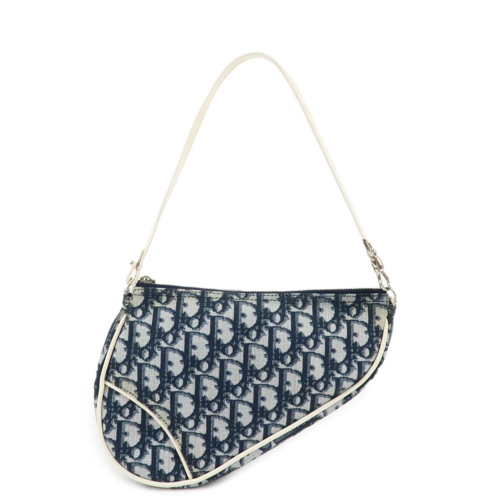 Christian Dior Trotter Jacquard Leather Saddle Bag Mini Navy White Used