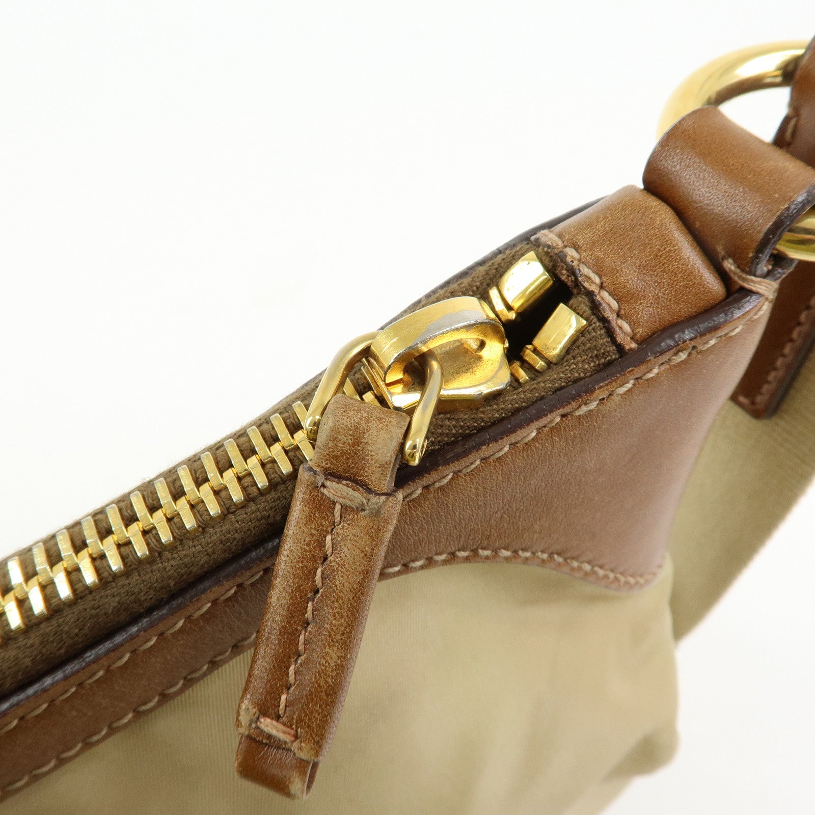 PRADA Triangle Logo Nylon Leather Shoulder Bag Crossbody Bag Beige