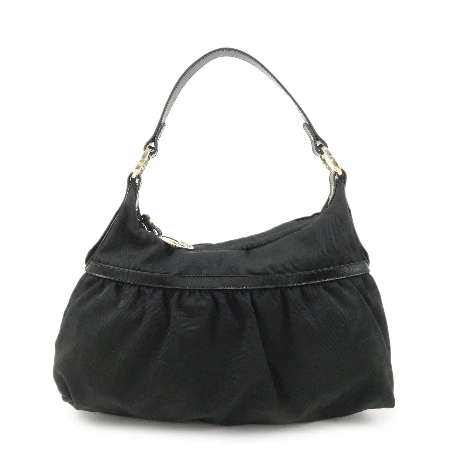 FENDI Zucca Canvas Leather Gathered Shoulder Bag Black 8BR448
