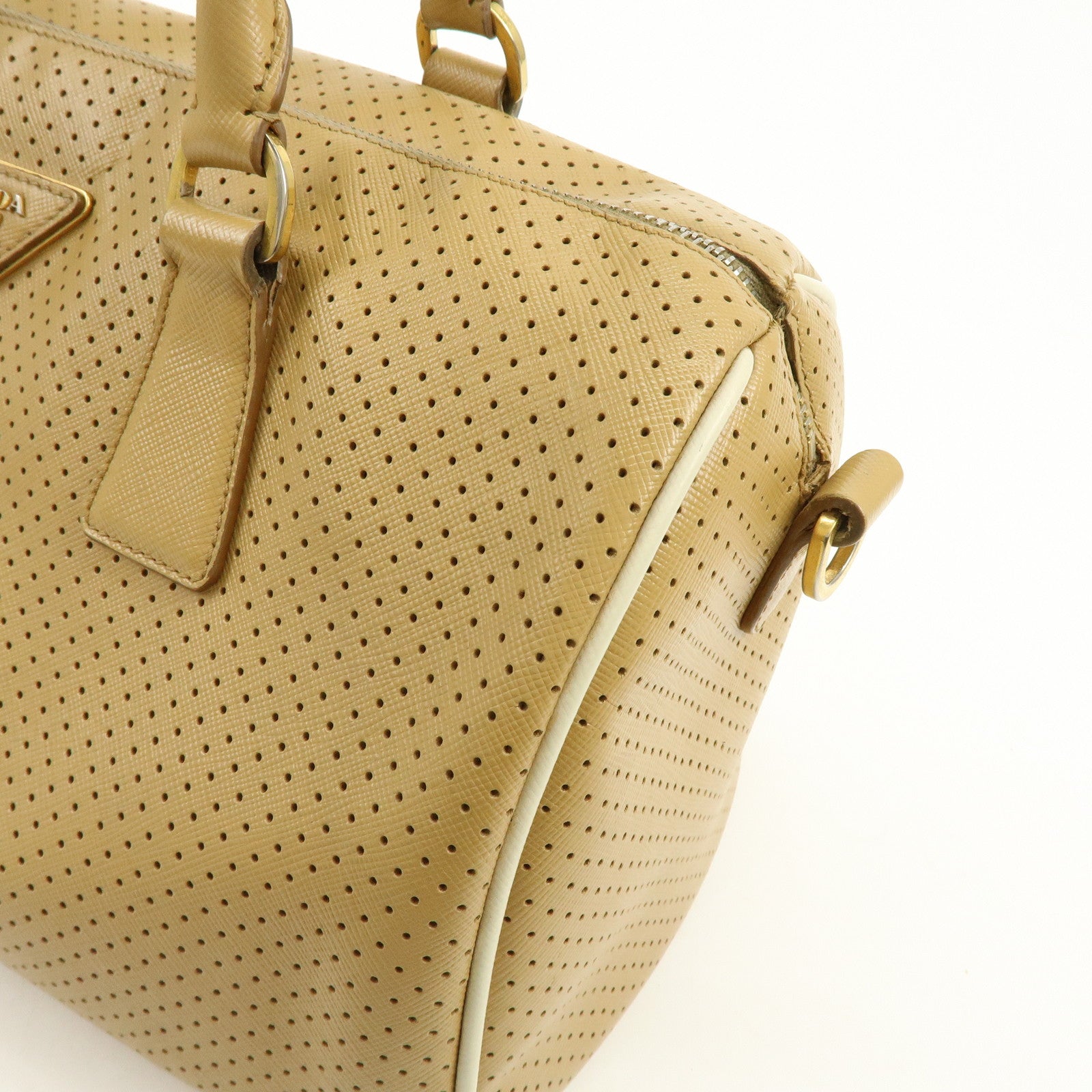 PRADA Triangle Logo Saffiano Leather Punched Boston Bag Beige
