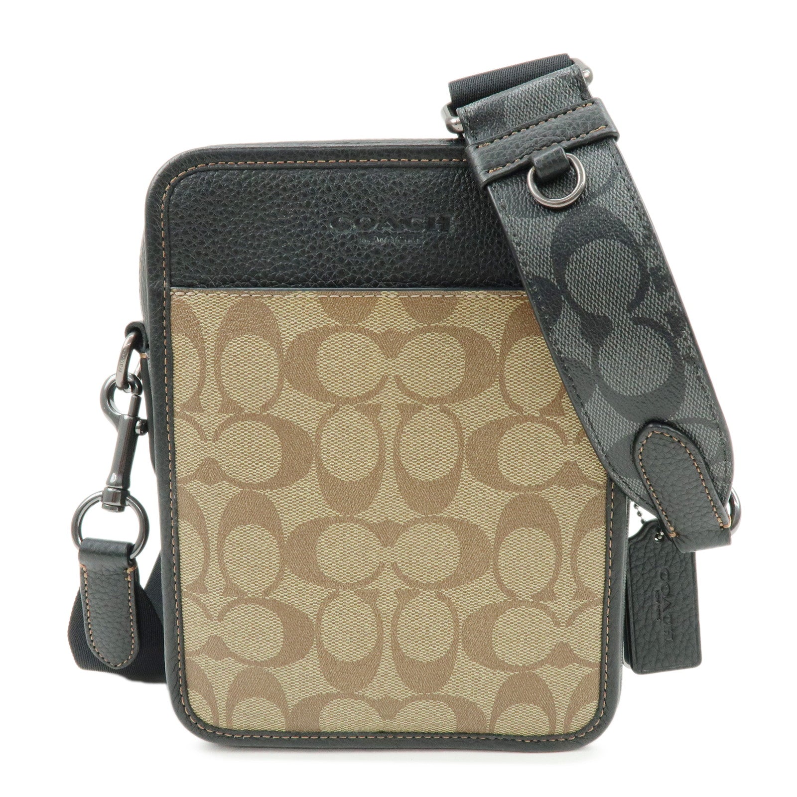 COACH Signature PVC Leather Shoulder Bag Crossbody Bag Black Beige