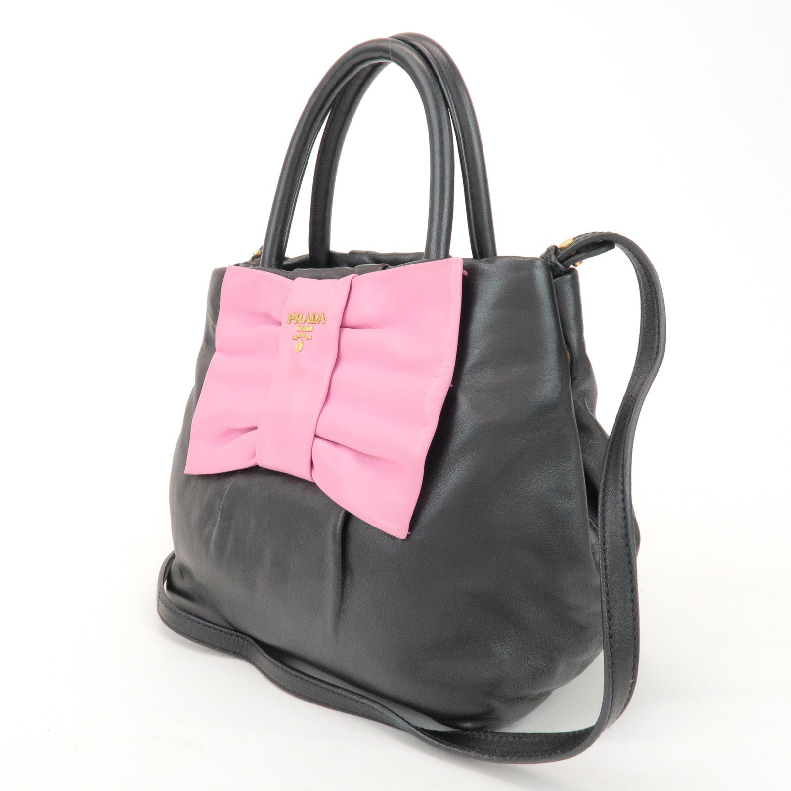 PRADA Logo Leather 2Way Hand Shoulder Bag Ribbon Black Pink BN1604