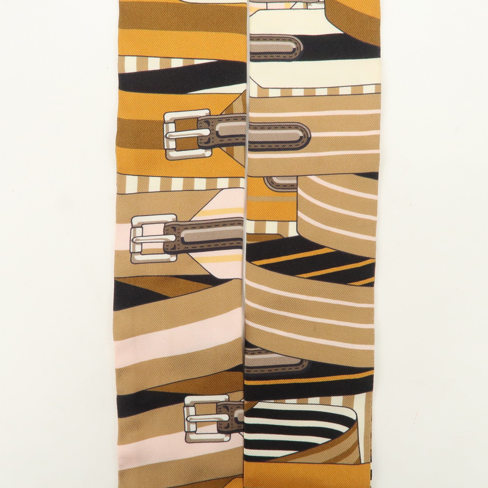 HERMES Twilly Silk 100% Scarf LES SANGLES Brown Black Peach