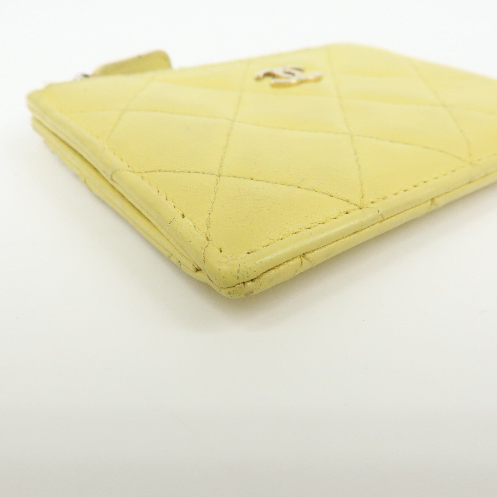 CHANEL Matelasse COCO Mark Lamb Skin Card Case Card Holder Yellow