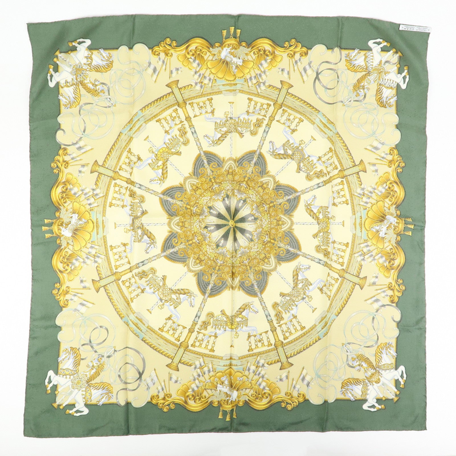 HERMES Carre 90 Silk 100% Scarf LUNA PARK Carousel Print Gold Green