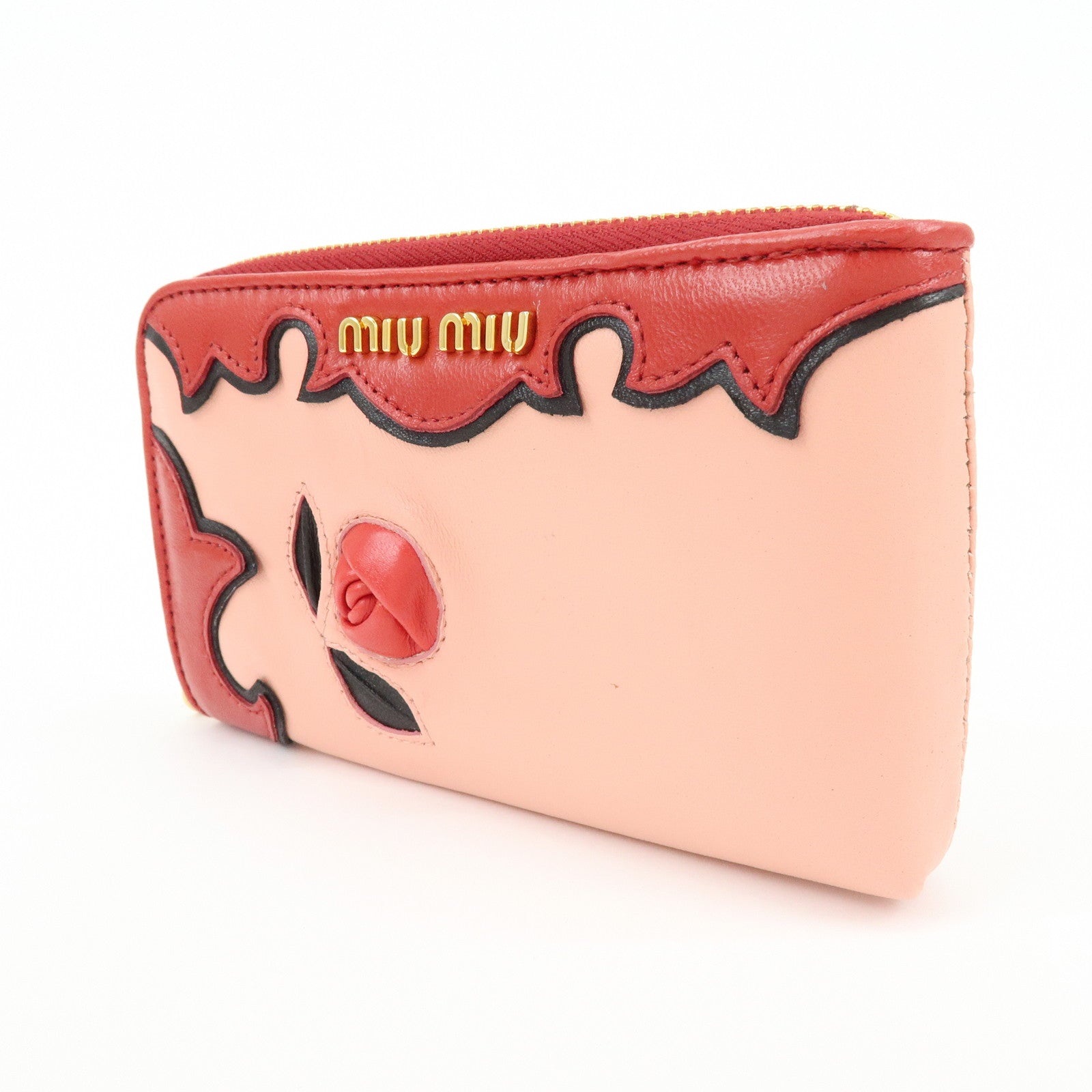 MIU MIU Lamb Skin Leather Zippy Pouch Rose Pink Red