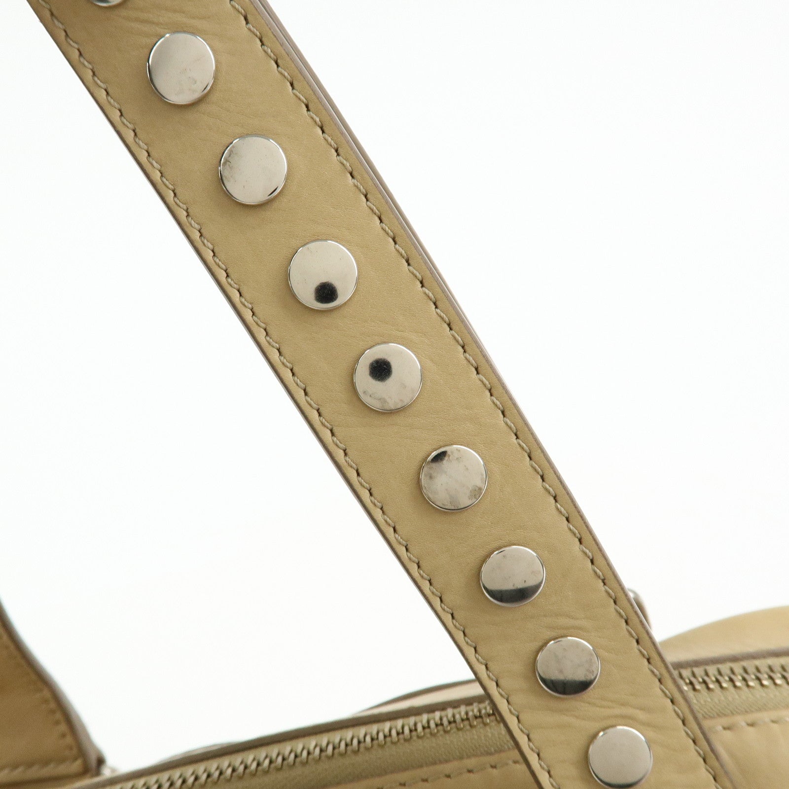 CELINE Leather Hand Bag Bowling Bag Beige Studs