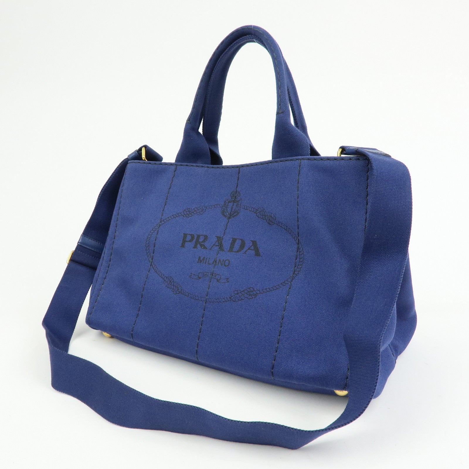 PRADA Triangle Logo Canapa Canvas 2Way Tote Hand Bag Blue BN2642