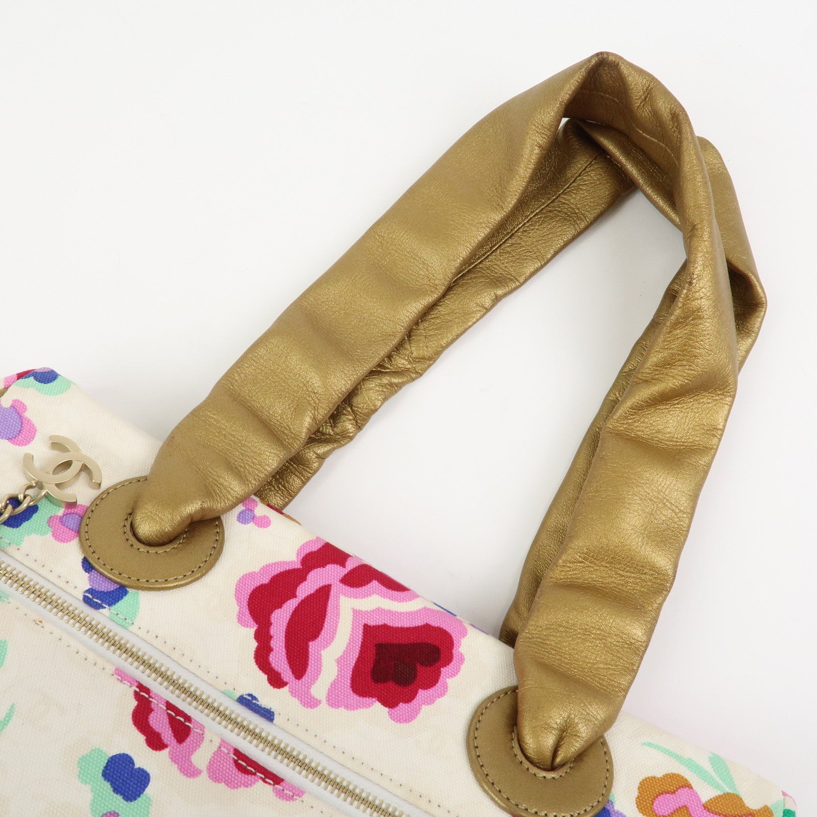 CHANEL Canvas Lamb Skin Tote Bag Shoulder Bag Flora A25388