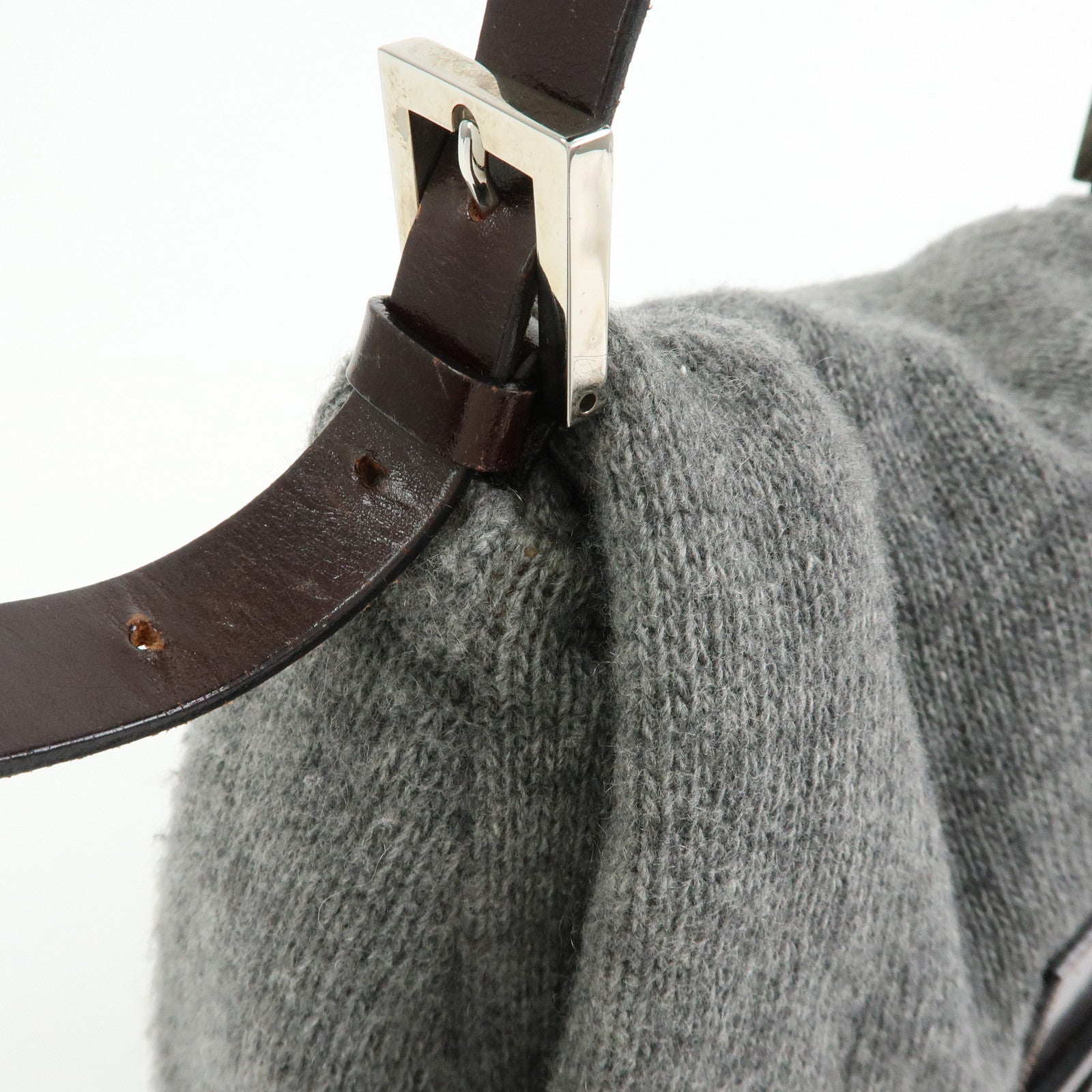 FENDI Mamma Baguette Wool Leather Shoulder Bag Grey Brown 26325