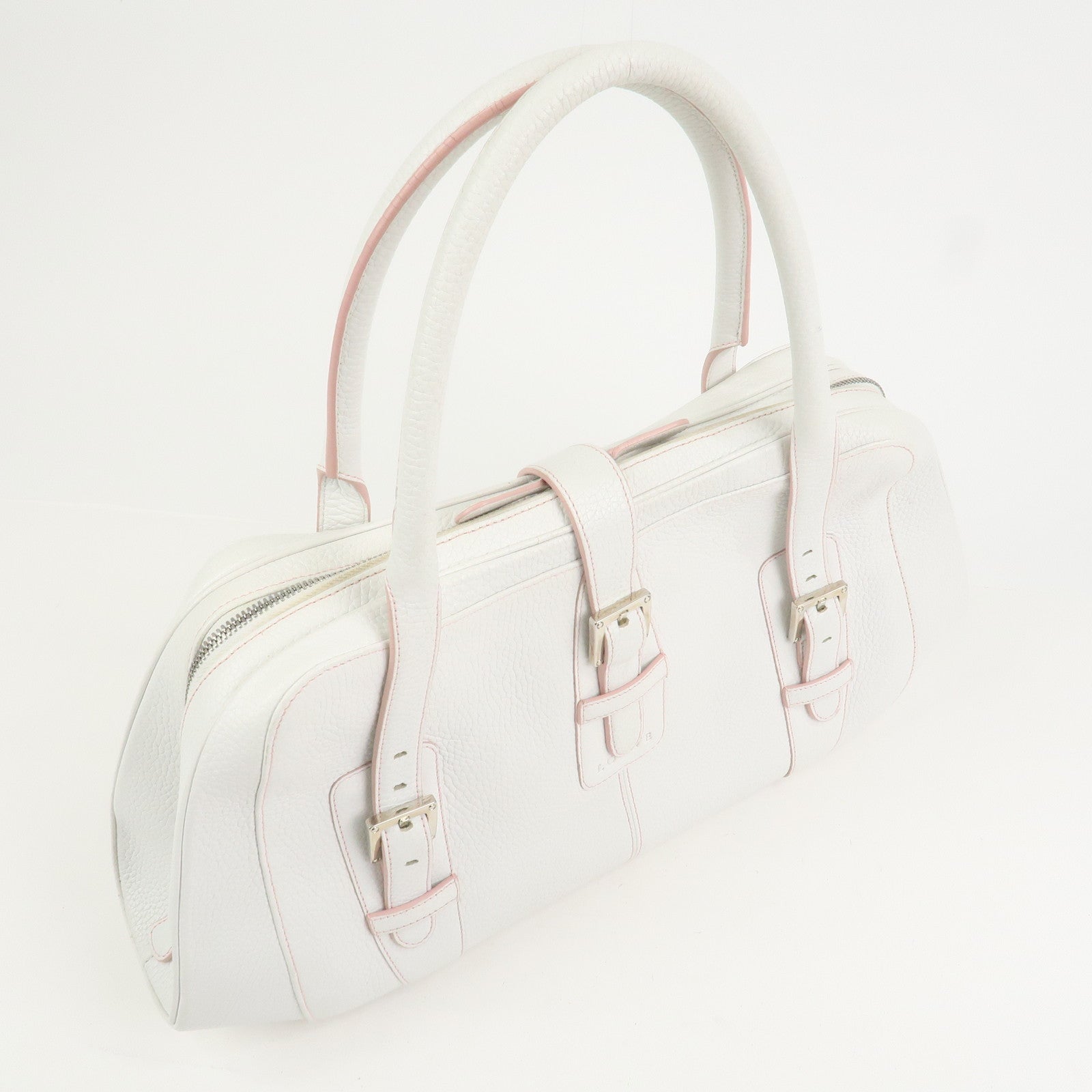 LOEWE Logo Senda Leather Shoulder Bag Boston Bag White Pink