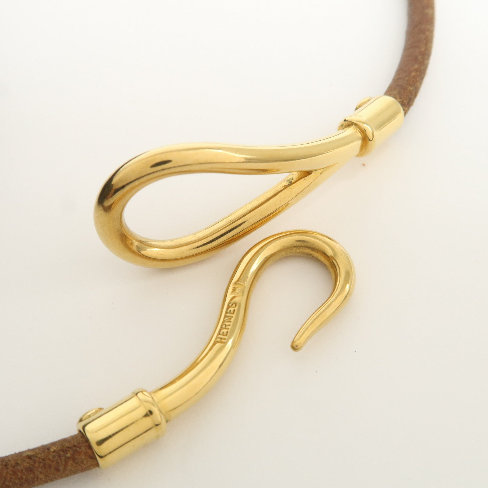 HERMES Jumbo Leather Metal Choker Bracelet Brown