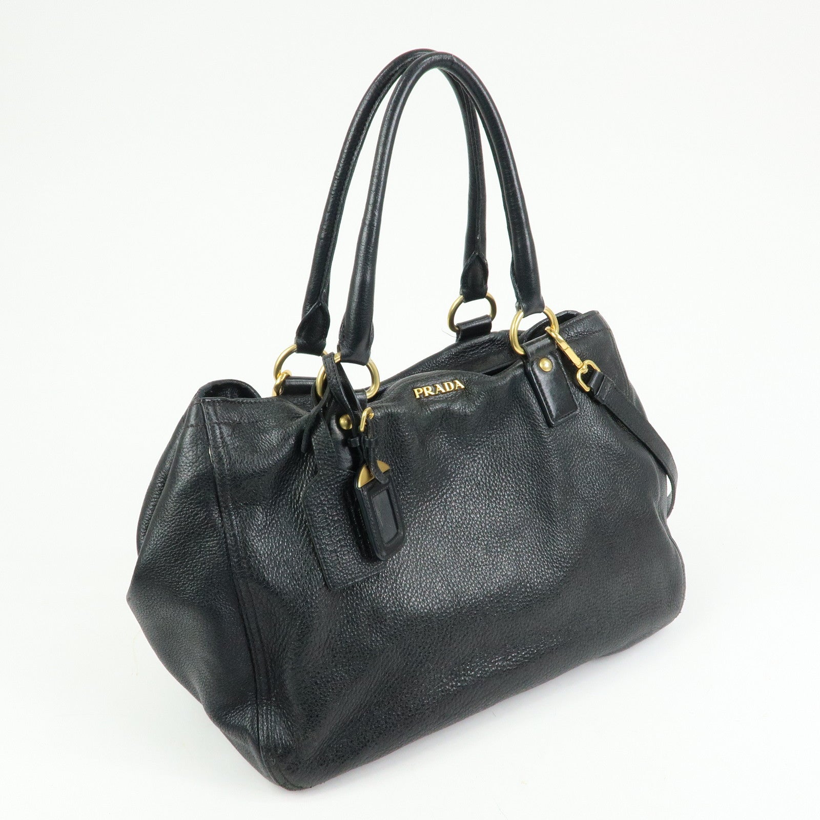 PRADA Logo Leather 2Way Bag Hand Bag Shoulder Bag Black BR4083