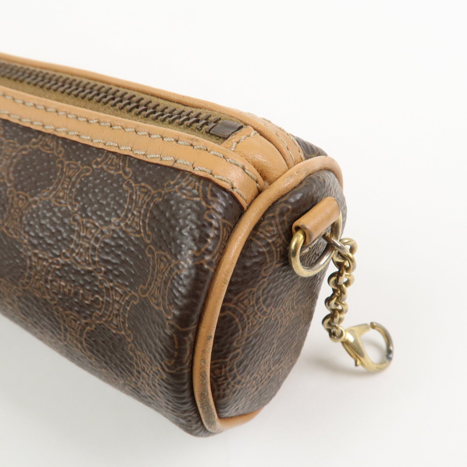 CELINE Macadam PVC Canvas Leather Cosmetic Makeup Pouch Brown