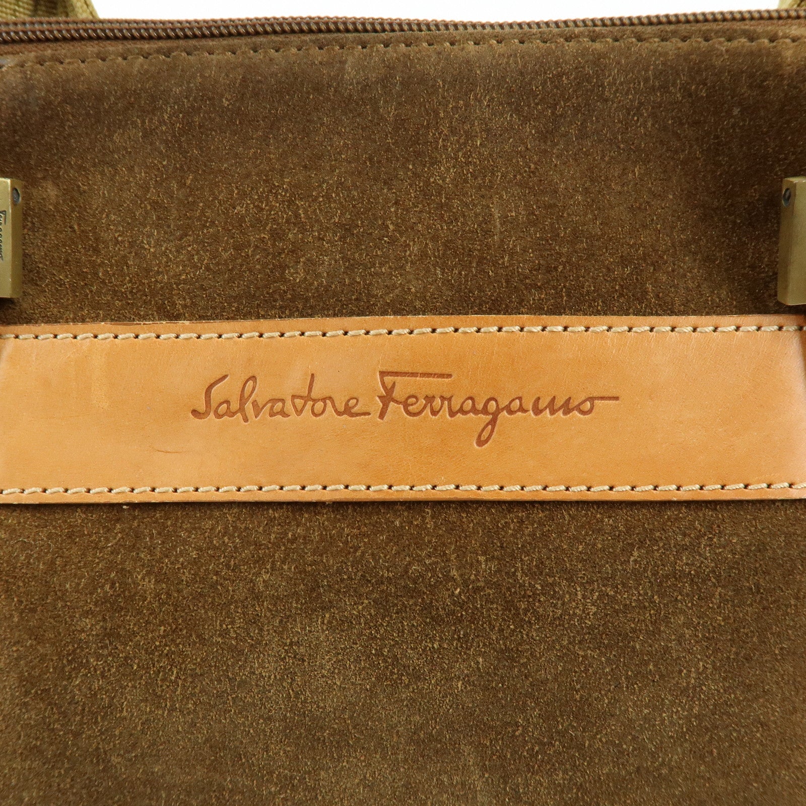 Ferragamo Suede Leather Tote Bag Shoulder Bag Hand Bag Brown