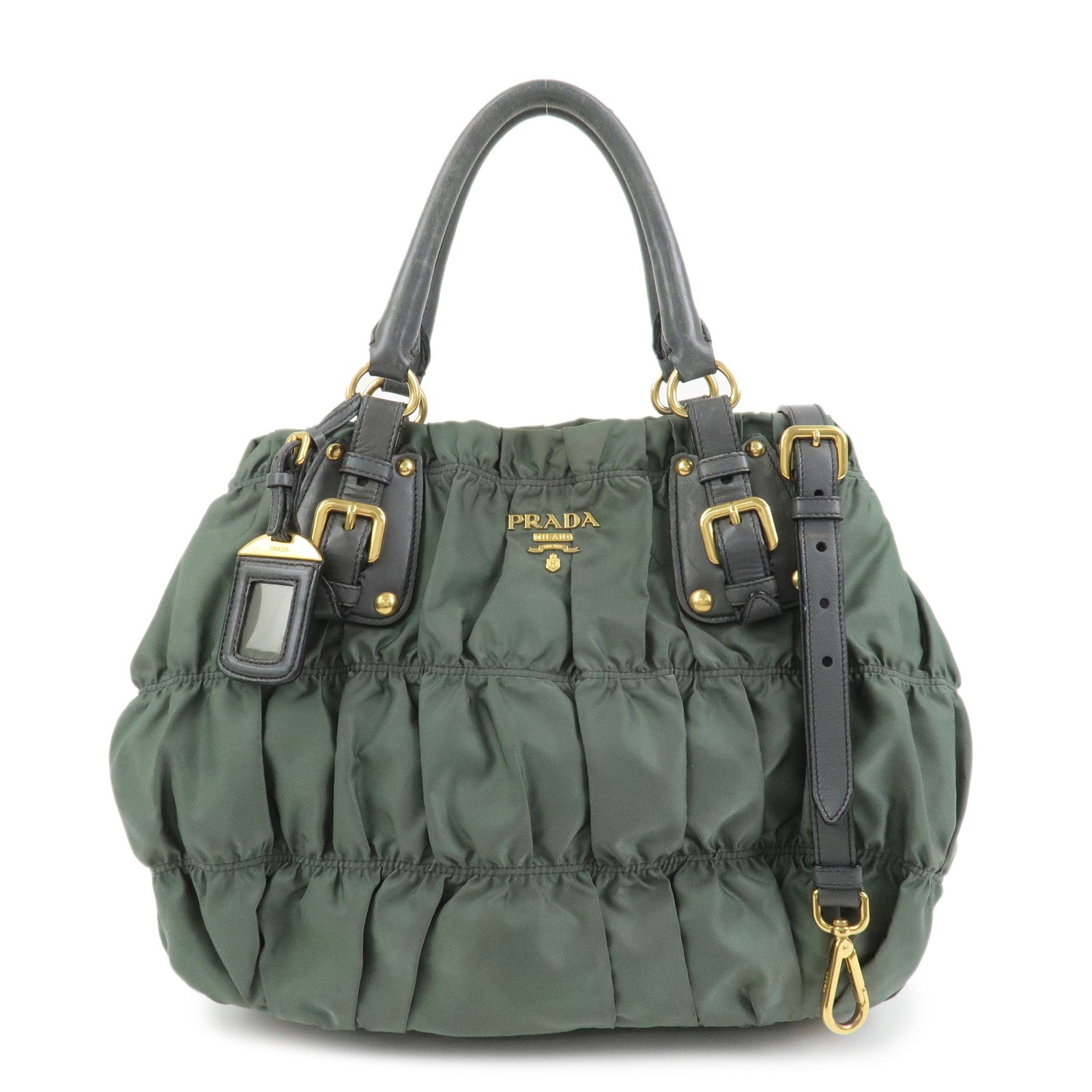 PRADA Triangle Logo Nylon Leather 2Way Bag Hand Bag Green 1BA336