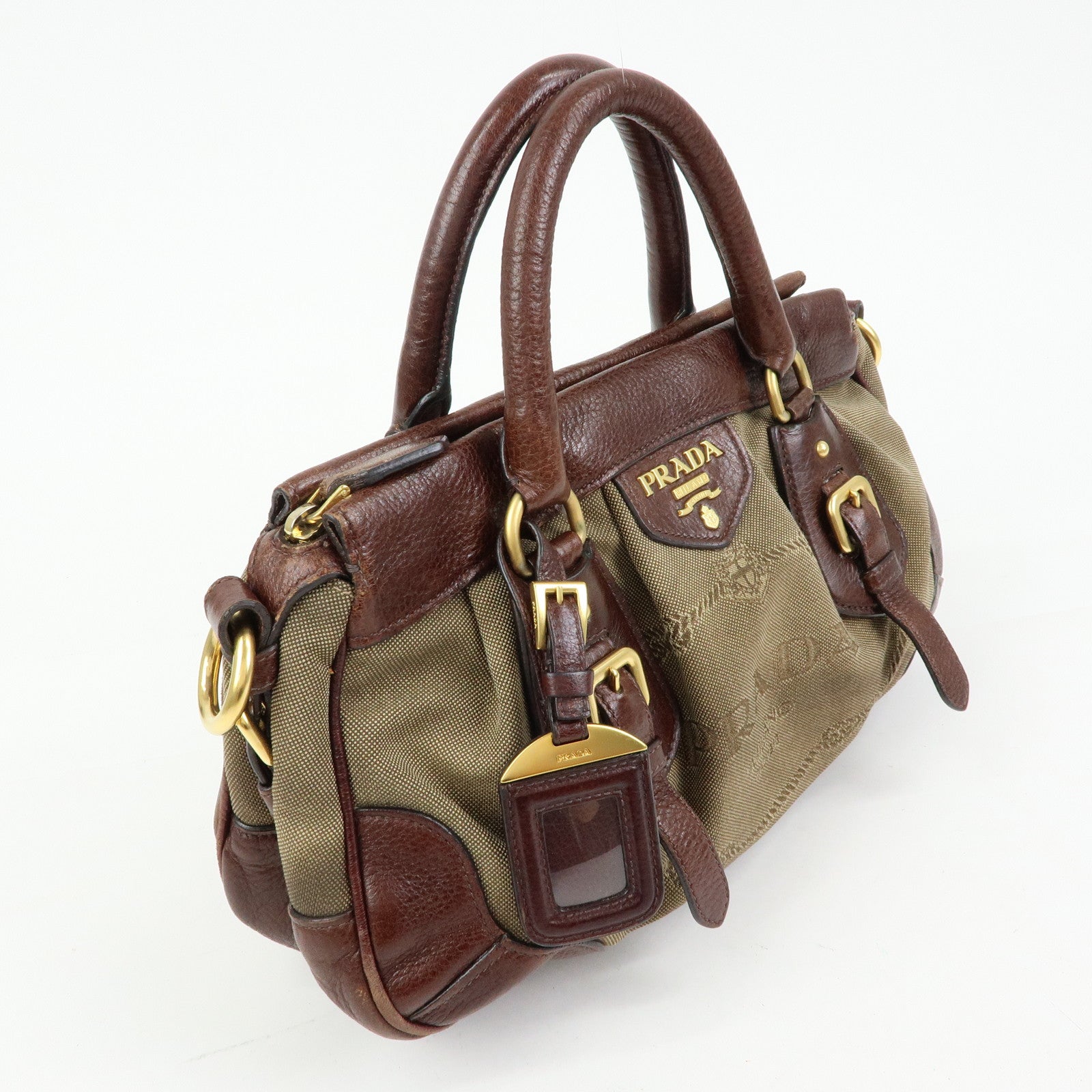 PRADA Logo Jacquard Leather 2Way Bag Hand Bag Shoulder Bag Brown
