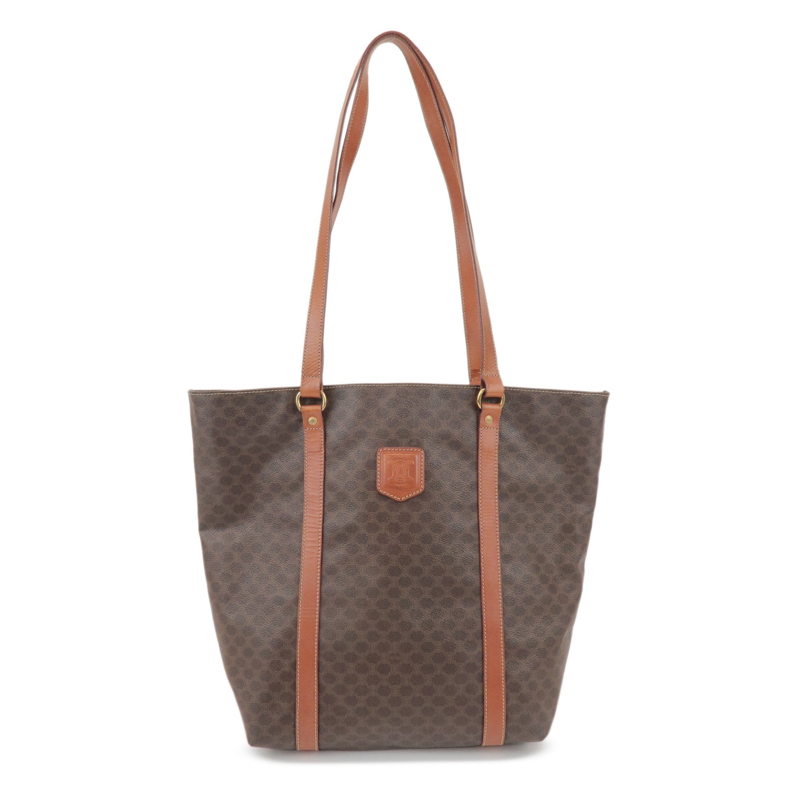 CELINE Macadam PVC Coated Canvas Leather Tote Bag Hand Bag Brown