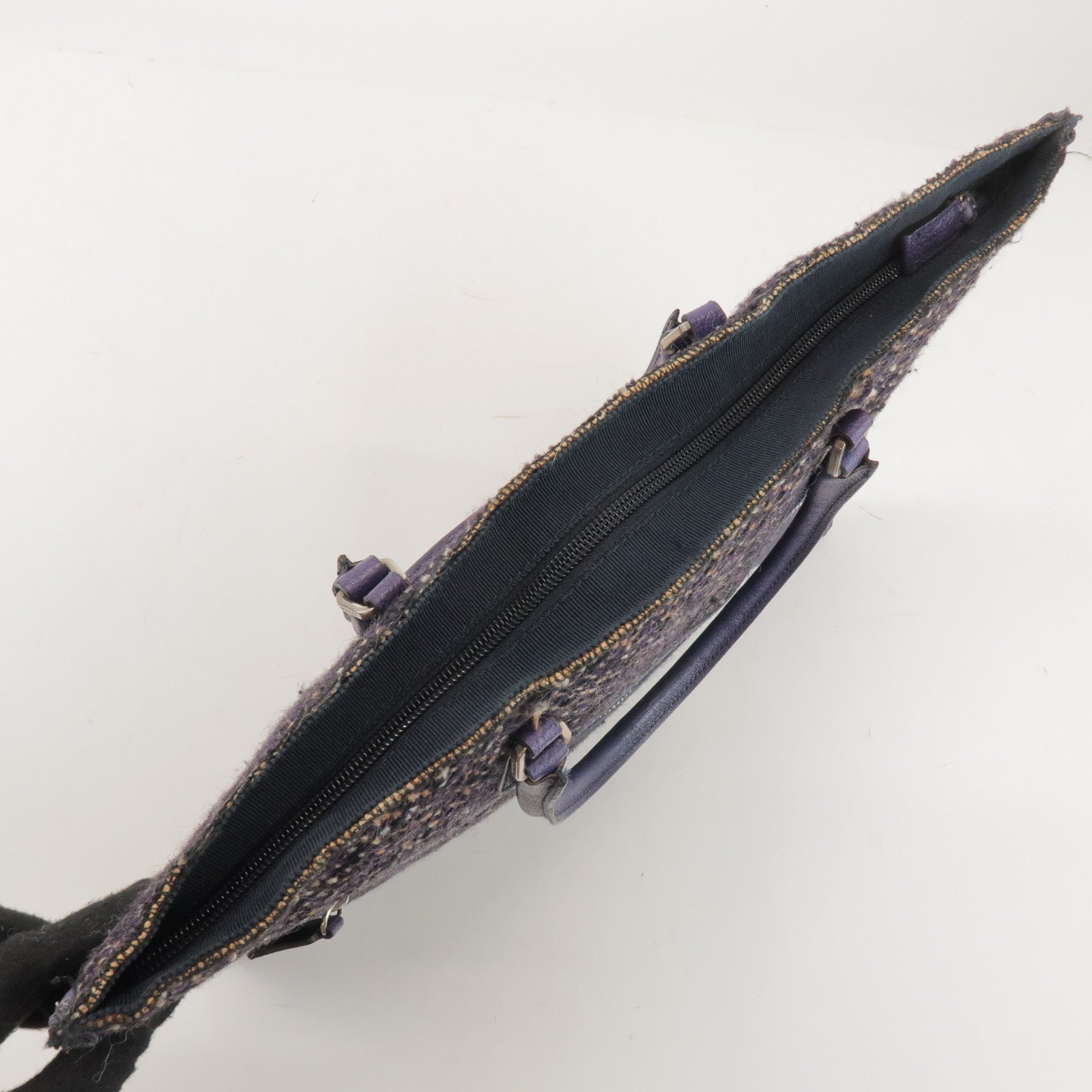 PRADA Triangle Logo Wool Leather Tote Bag Hand Bag Purple