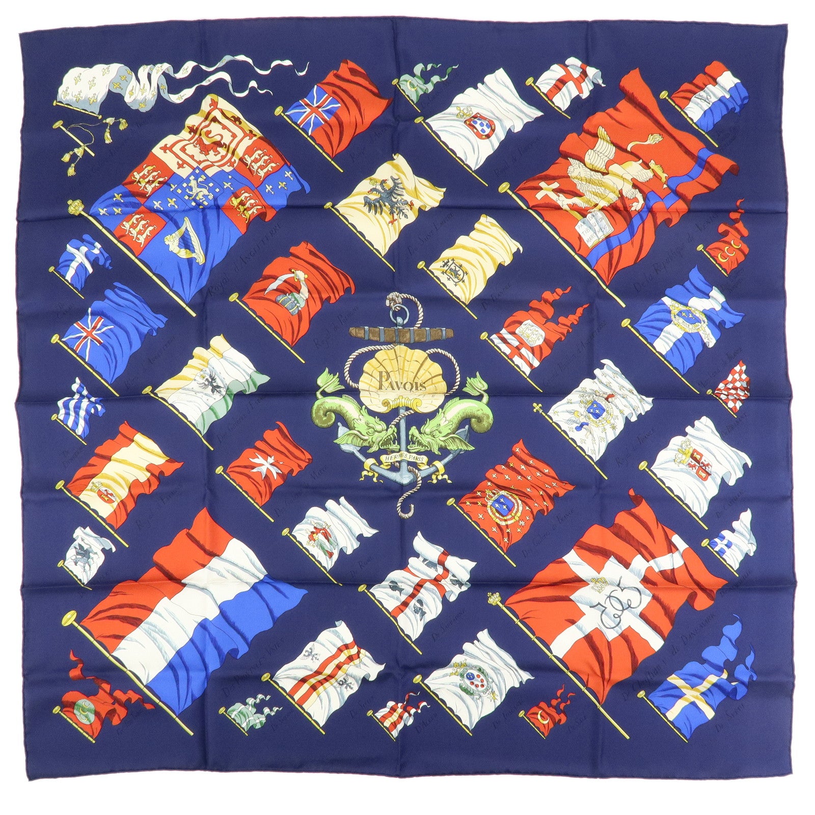 HERMES Carre 90 Silk 100% Scarf PAVOIS Navy Red