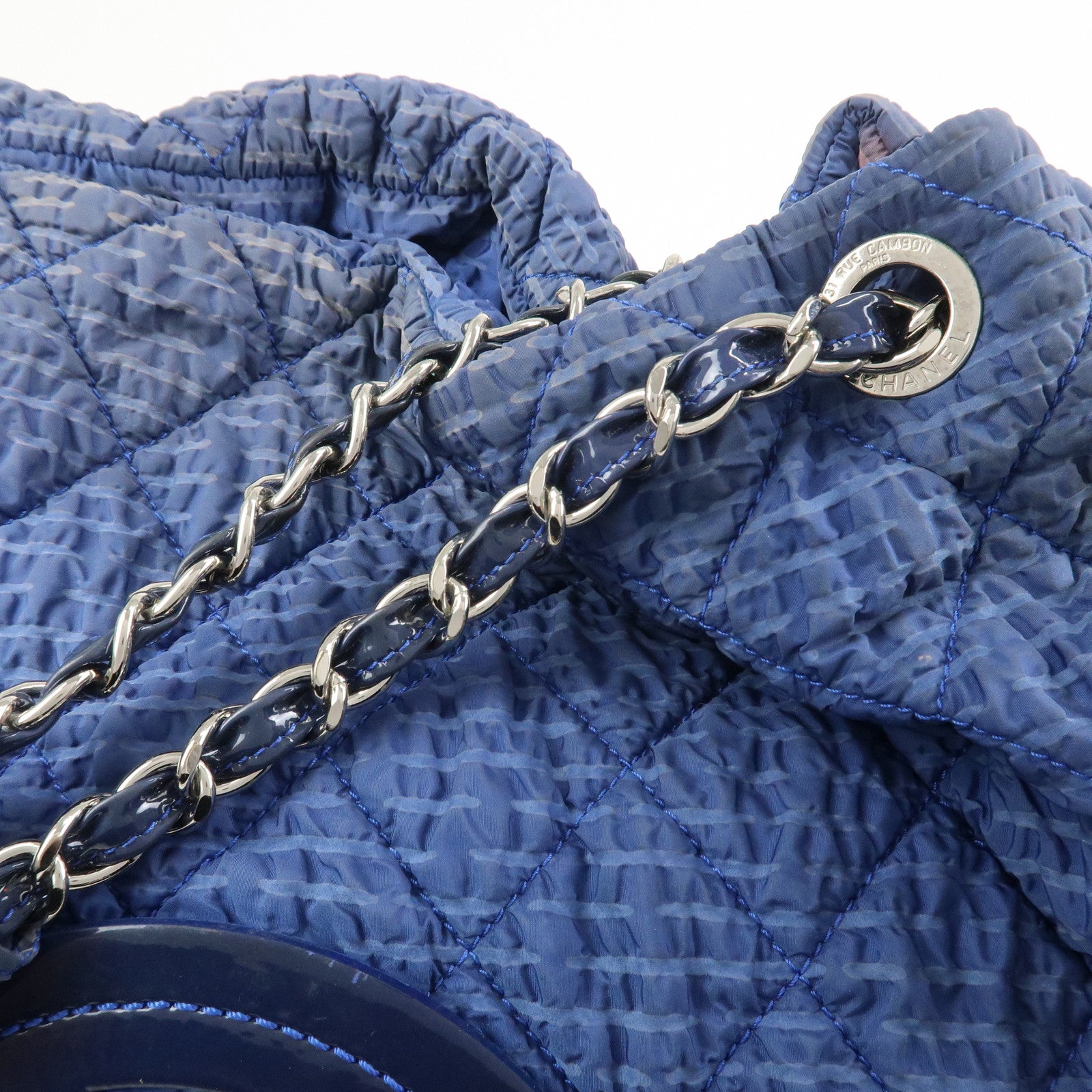 CHANEL Matelasse COCO Mark Nylon Patent Leather Shoulder Bag Blue