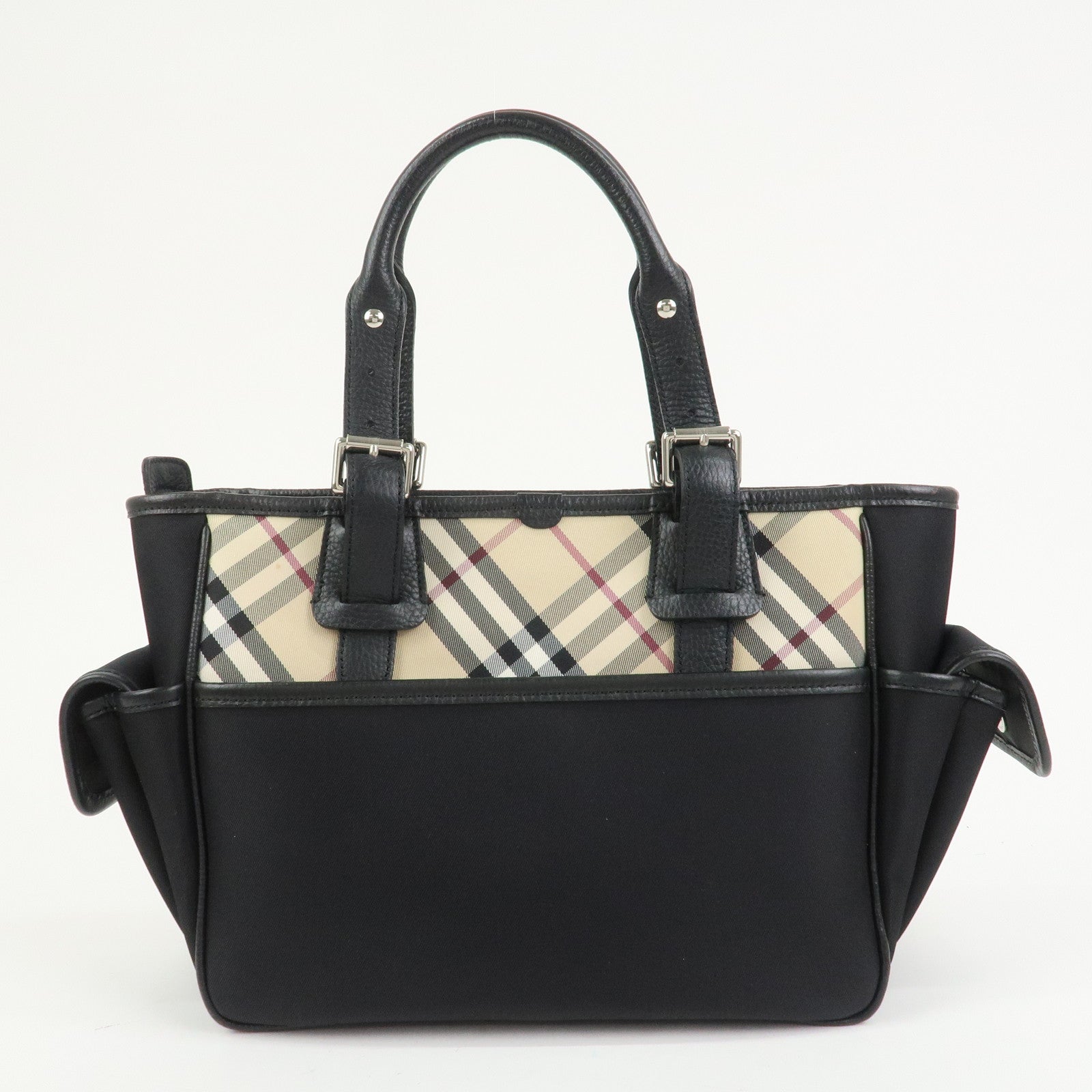 BURBERRY Nova Plaid Nylon Leather Tote Bag Hand bag Black