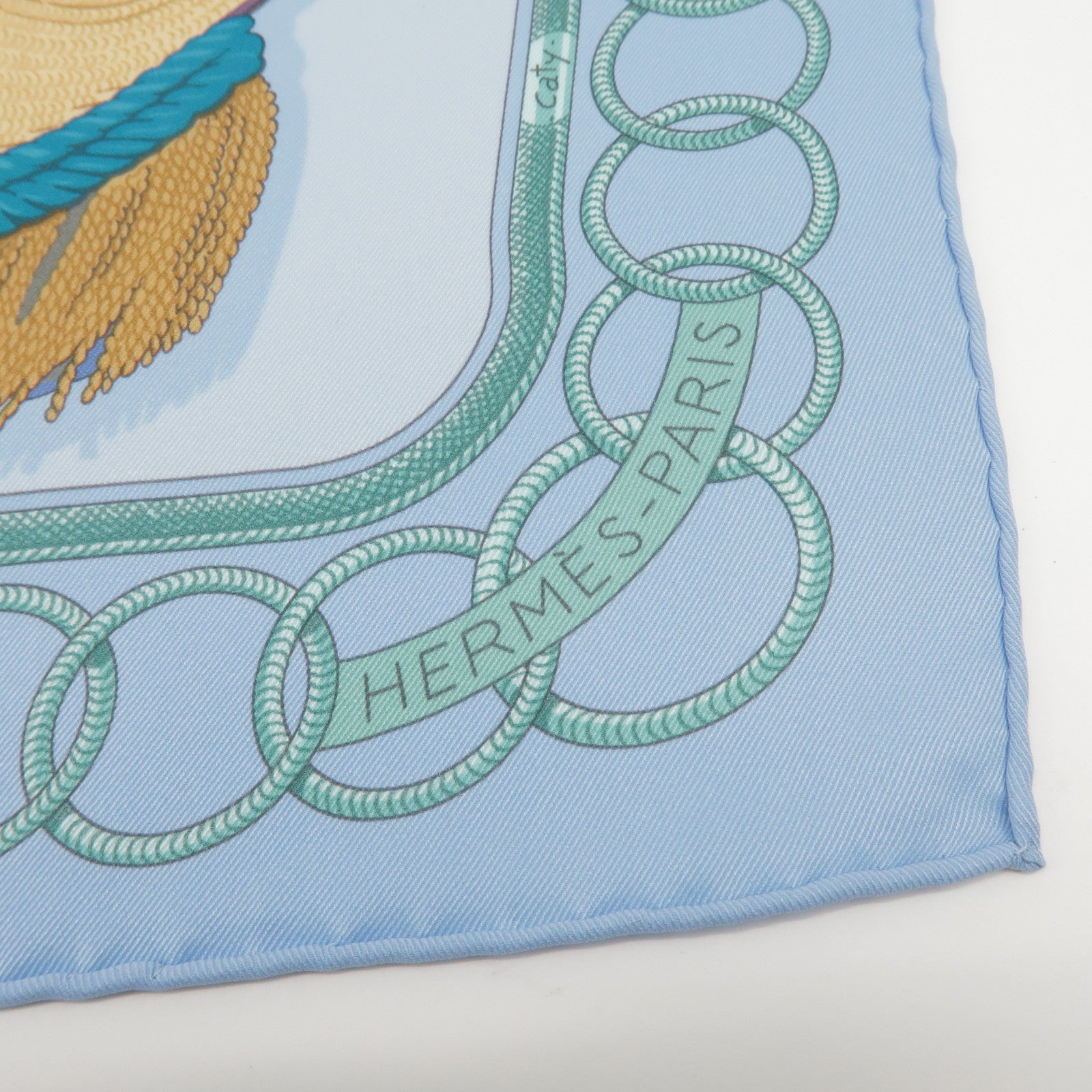 HERMES Carre 70 Silk 100% Scarf Epaulette Light Blue Light Green