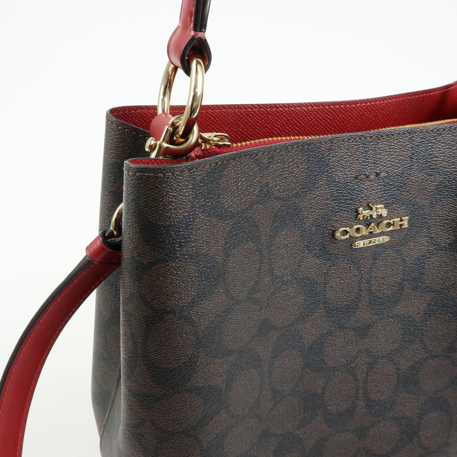 COACH Signature PVC 2Way Shoulder Bag Hand Bag Dark Brown Red
