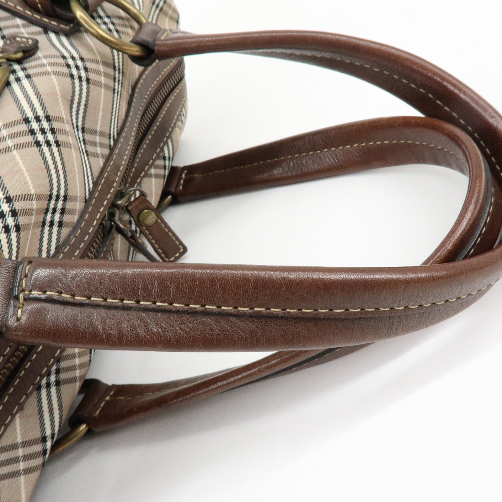 BURBERRY Blue Label Canvas Leather Plaid Hand Bag Boston Bag Brown