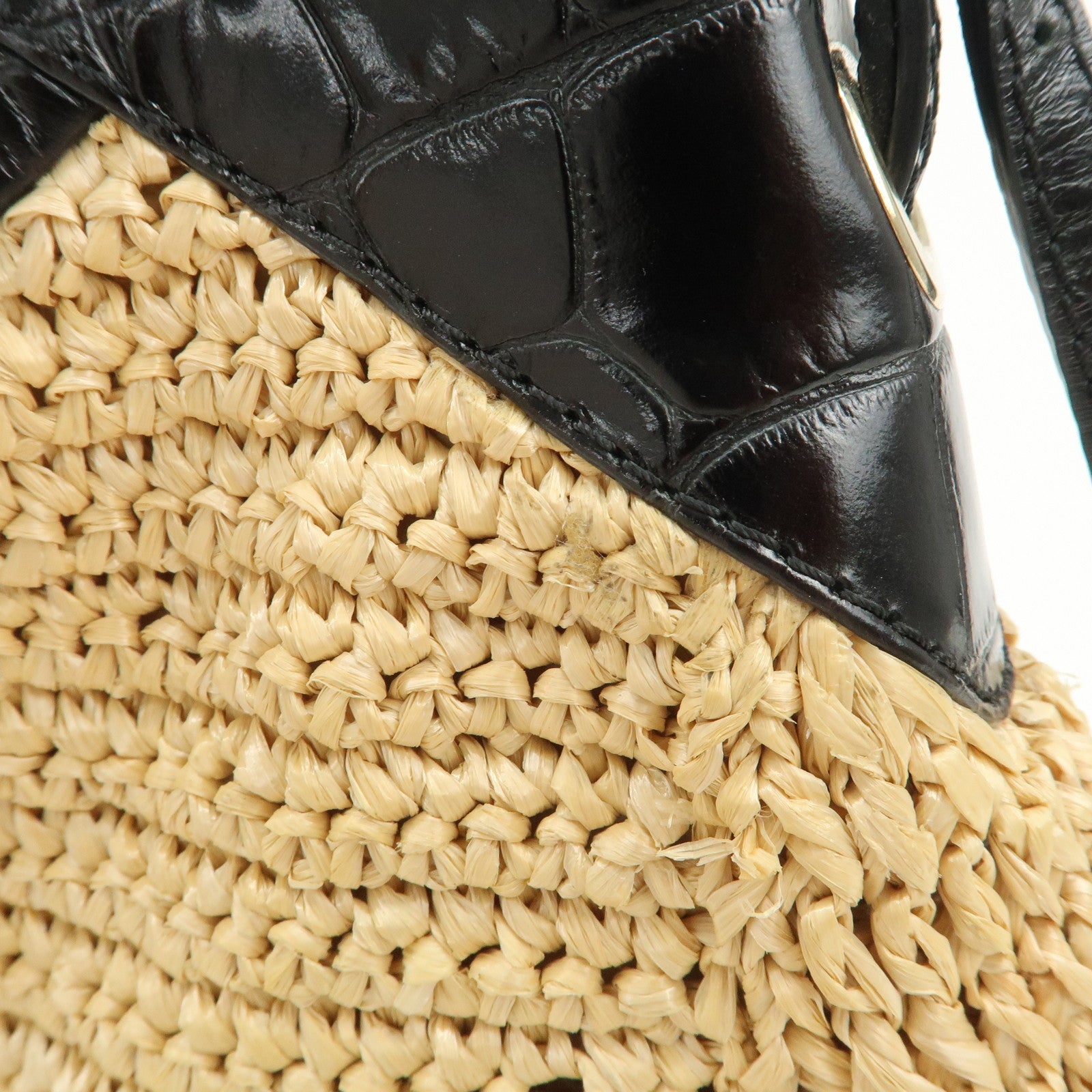 JIMMY CHOO Raffia Embossed Leather One Shoulder Bag Natural Black