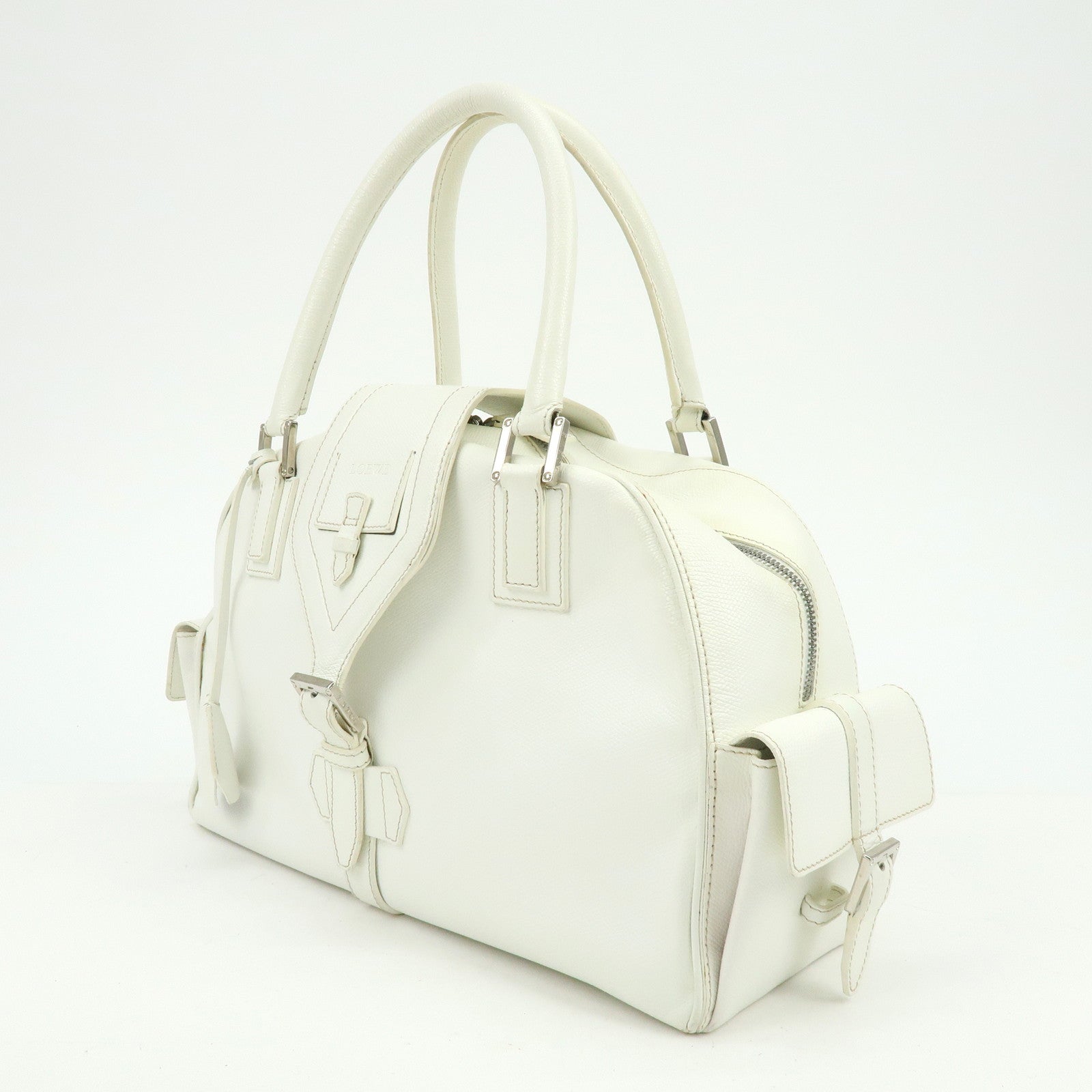 LOEWE Logo Side Pocket Leather Boston Bag Hand Bag White