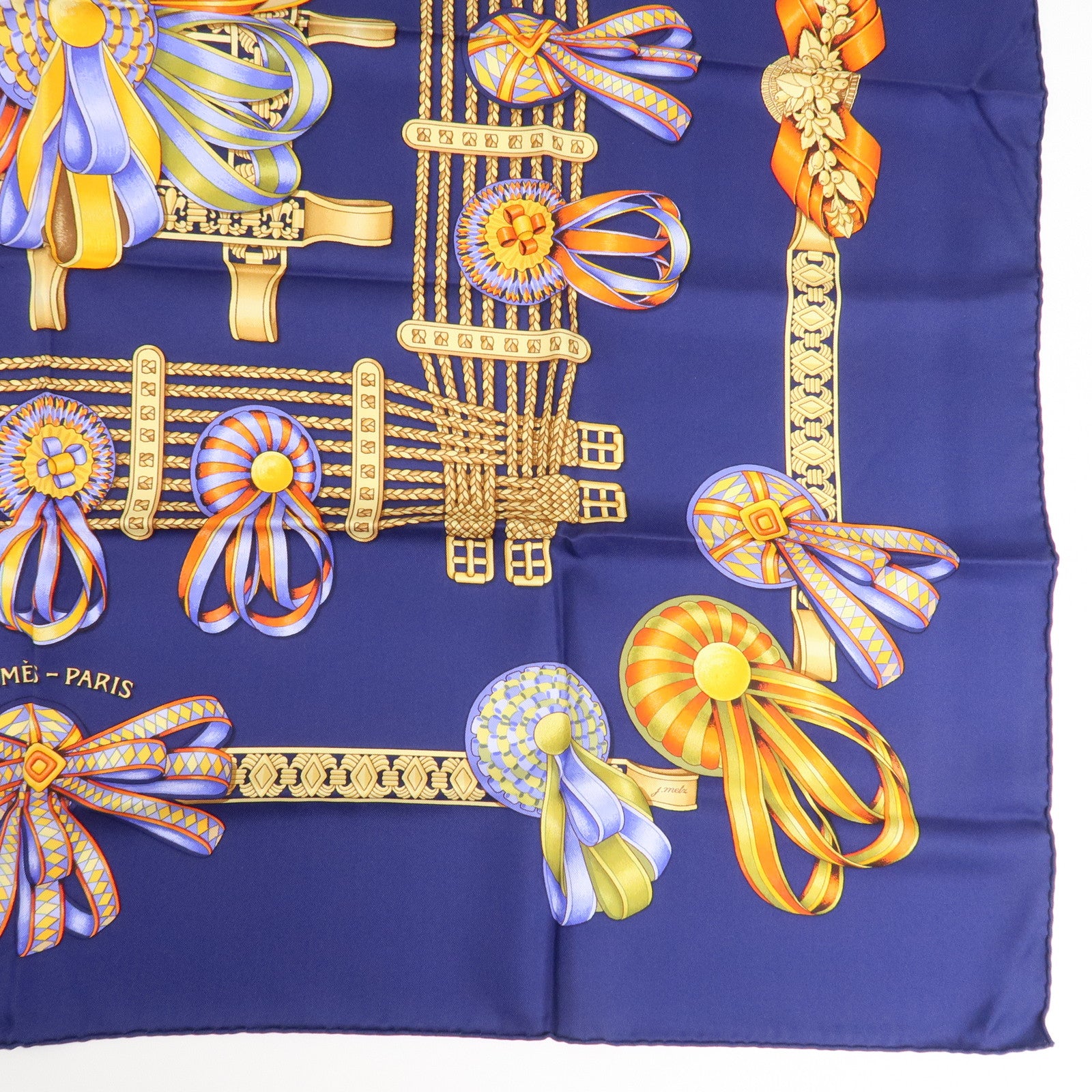 HERMES Carre 90 Silk 100% LES RUBANS DU CHEVAL Navy Used