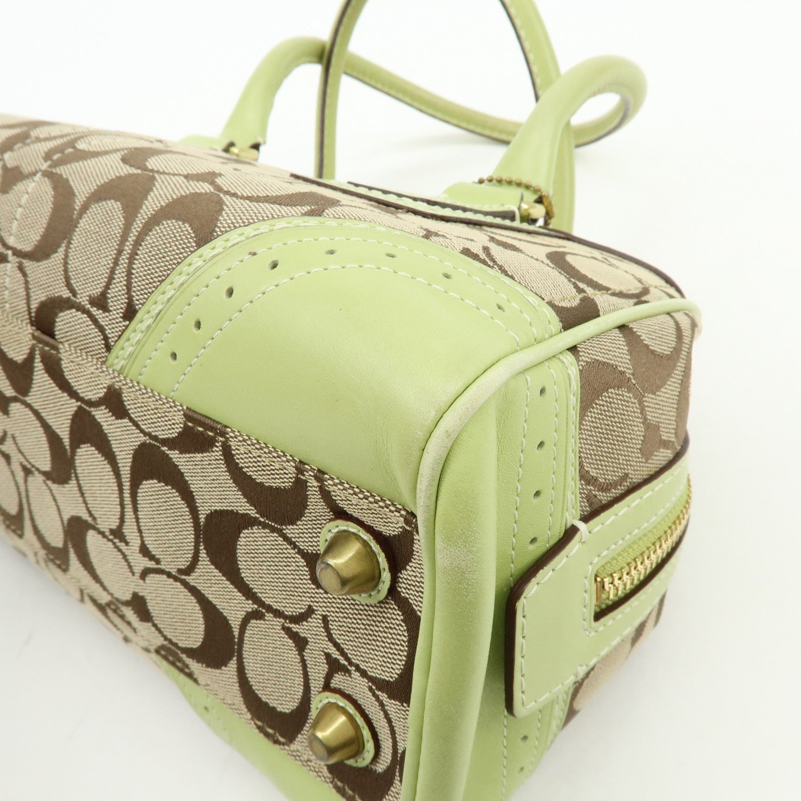 COACH Signature Canvas Leather Boston Hand Bag Light Brown Green