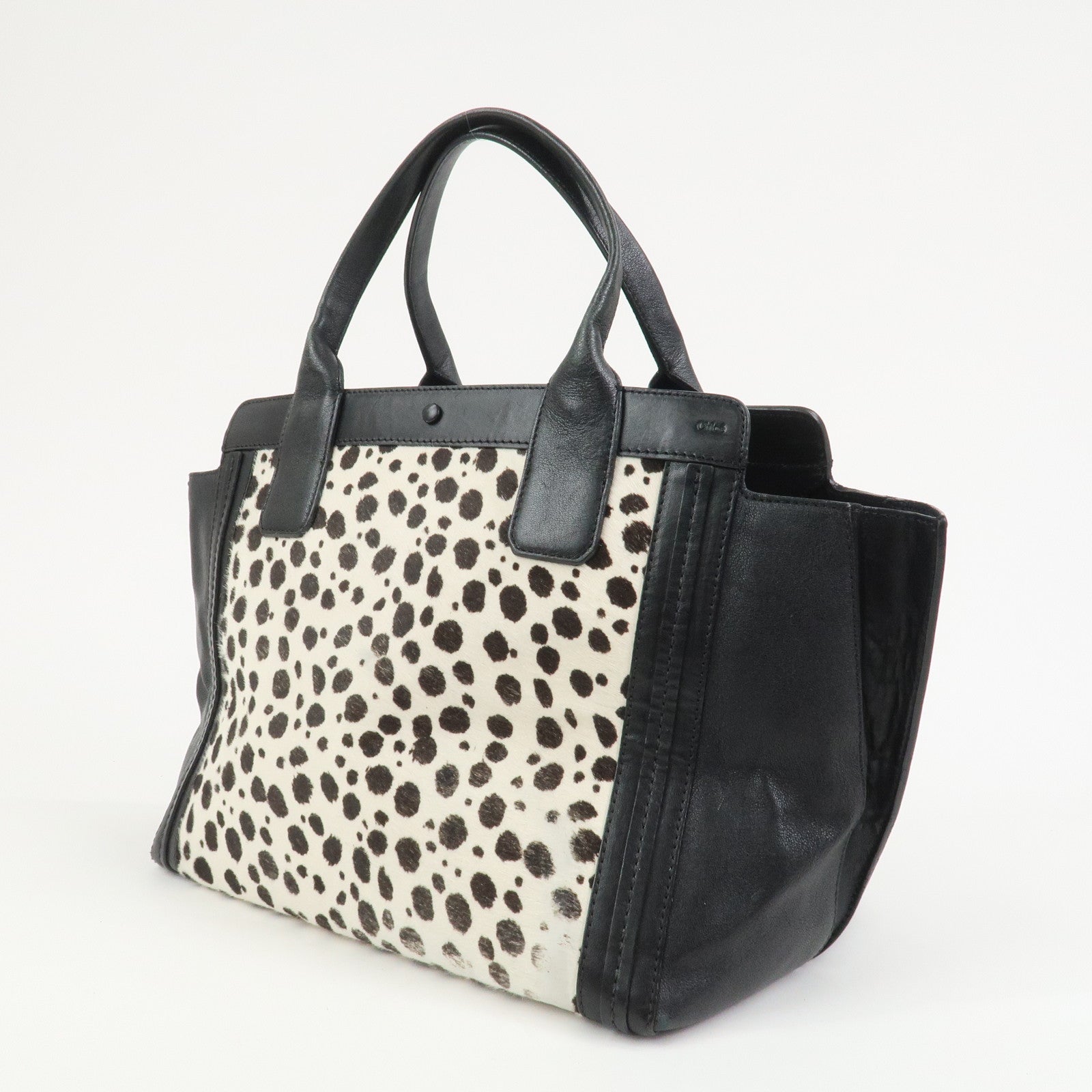 Chloe Alison Unborn Calf Leather Dalmatian Tote Bag Black Ivory