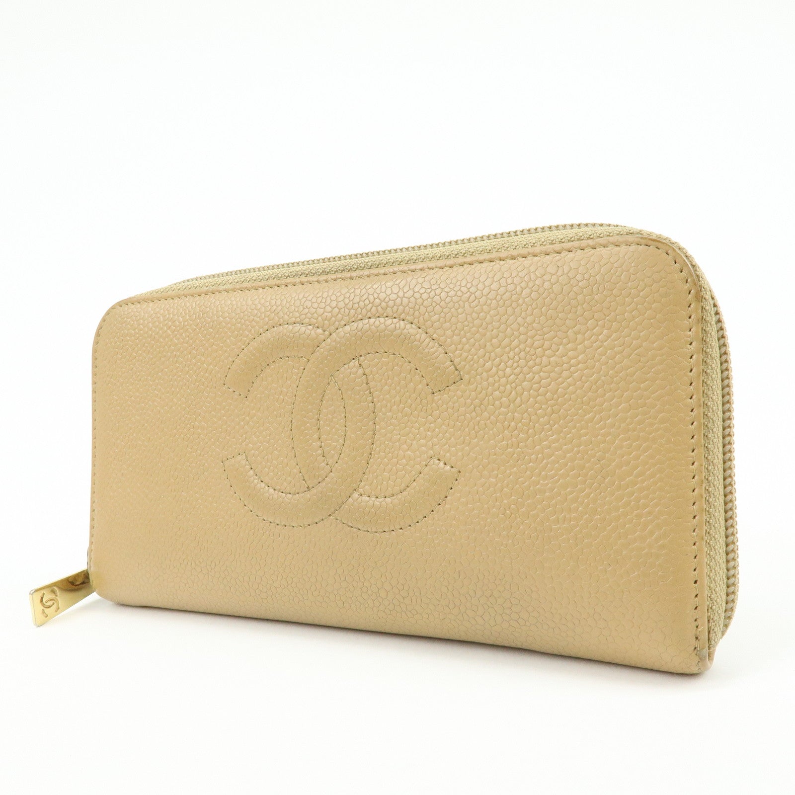 CHANEL Caviarskin Round Zippy Wallet Long Wallet Beige A13228