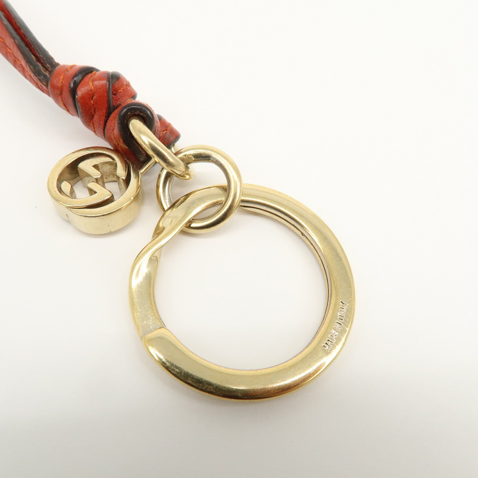 GUCCI Interlocking G Leather Metal Bag Charm Key Chain Orange Gold