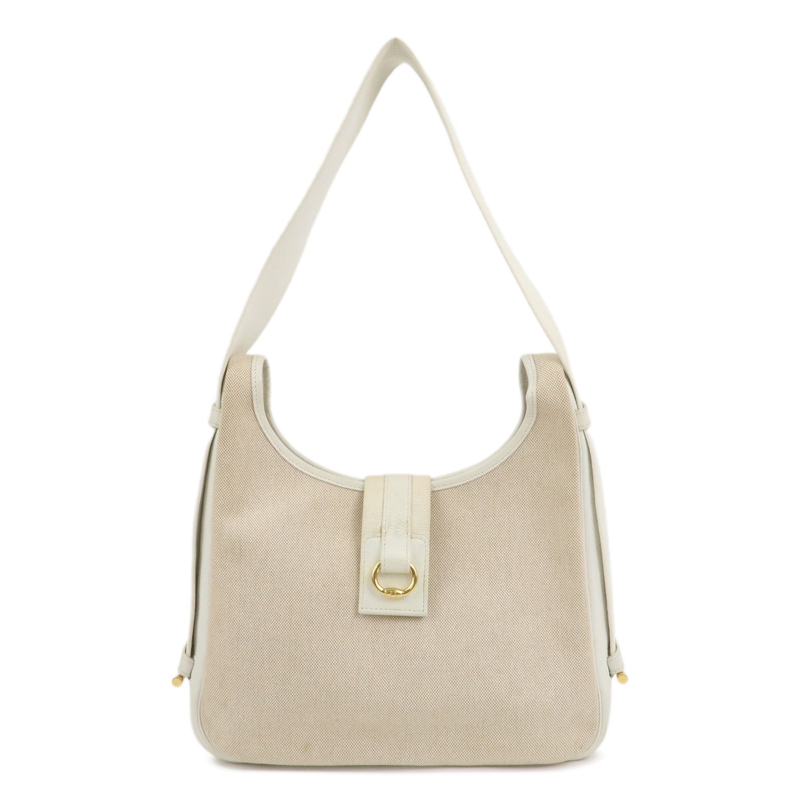 HERMES Saco Canvas Leather Shoulder Bag B Stamped Natural Gold HDW