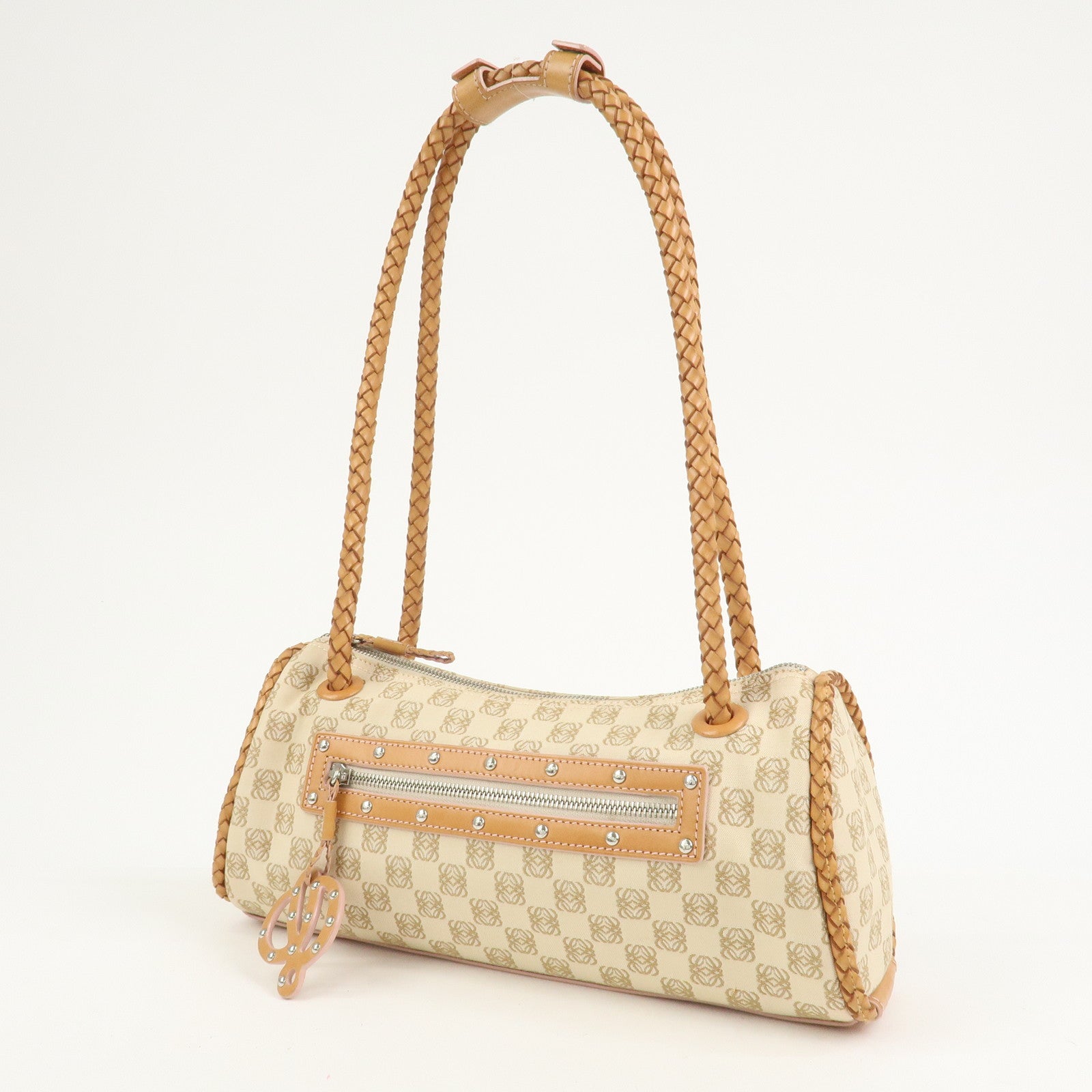 LOEWE Anagram Logo Canvas Shoulder Bag Leather Beige Light Brown