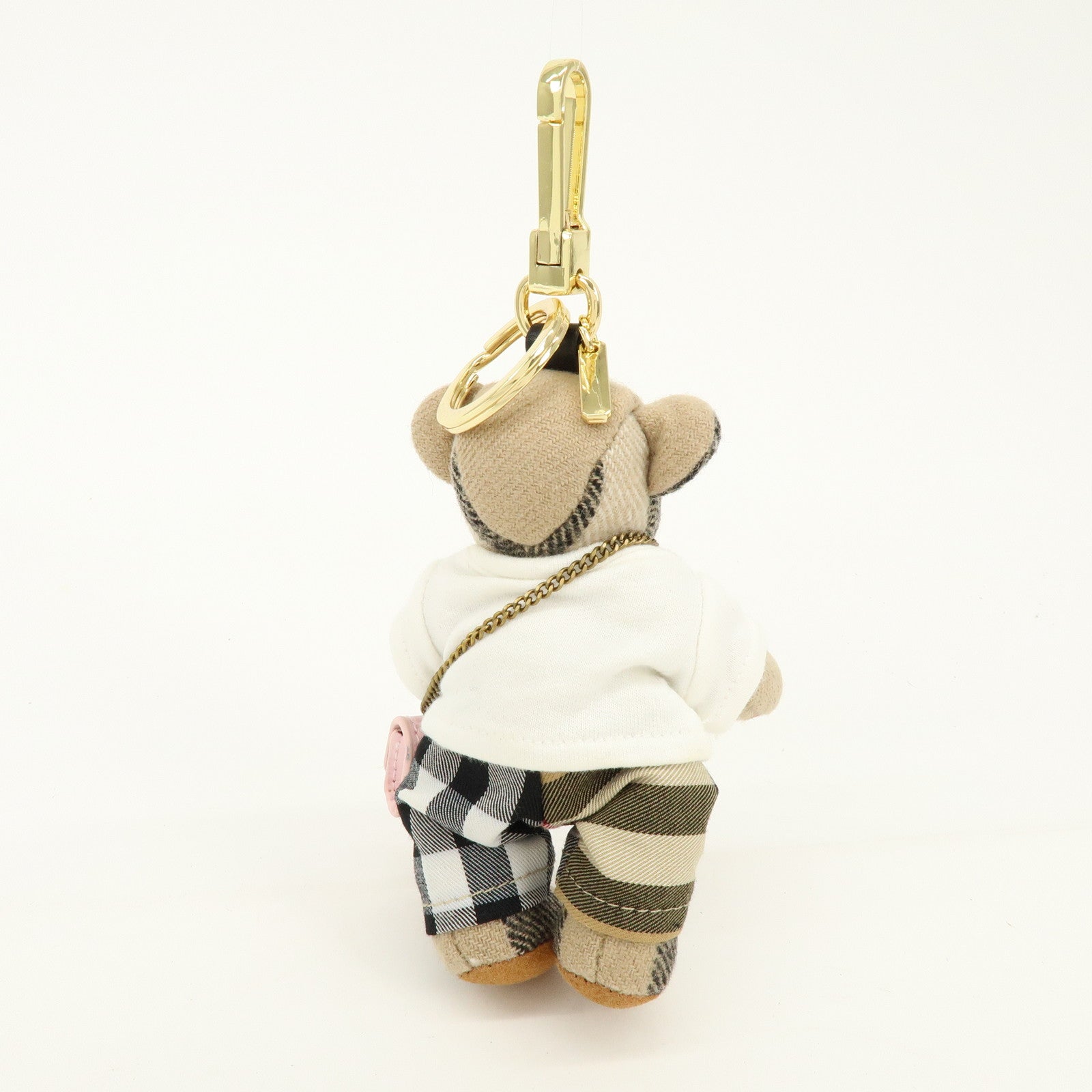 BURBERRY Nova Plaid Canvas Bear Bag Charm Key Holder Beige White