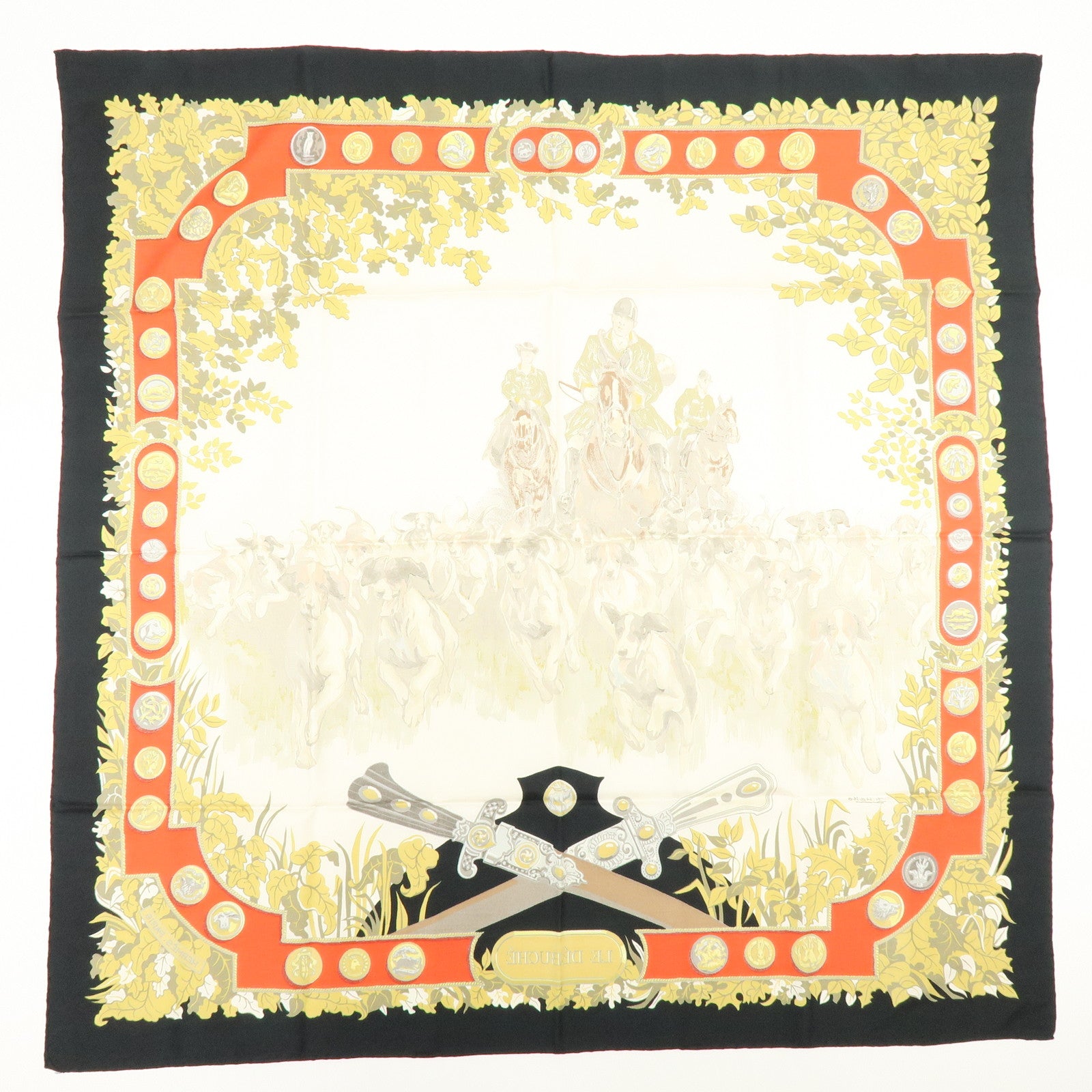 HERMES Carre 90 Silk 100% Scarf Le Debuche Black Red Beige