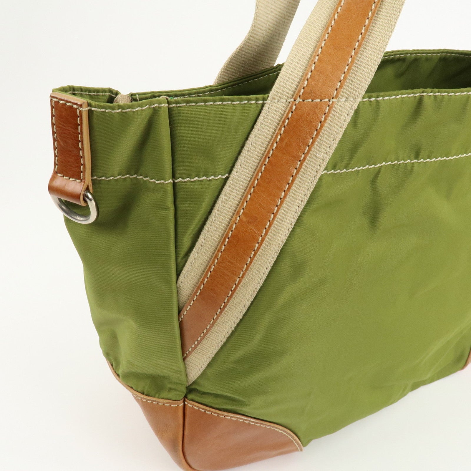 PRADA Triangle Logo Leather Nylon 2Way Tote Bag Brown Khaki