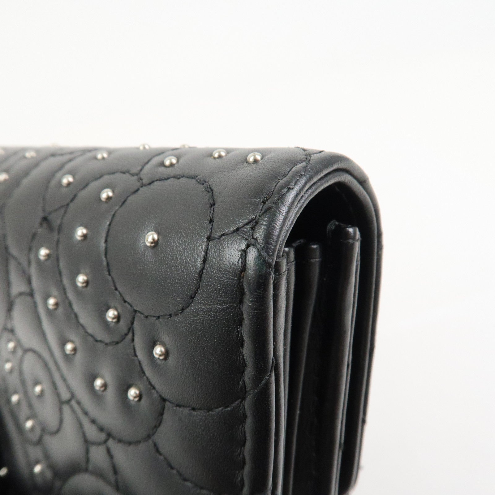 CHANEL Camellia Leather Long Wallet Black Silver Studs A82283