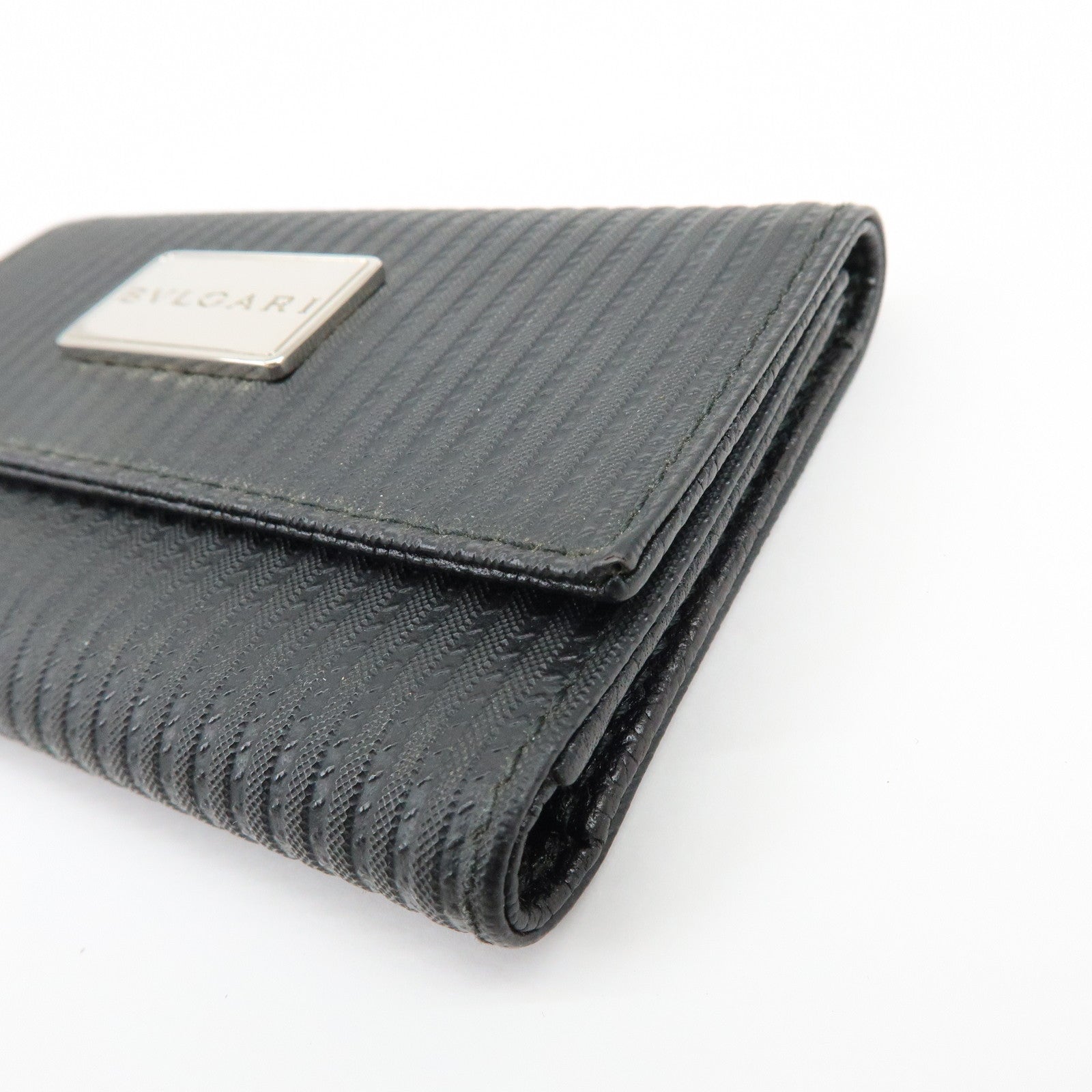 BVLGARI Millerighe Set of 2 PVC Leather Card Case Key Case Black