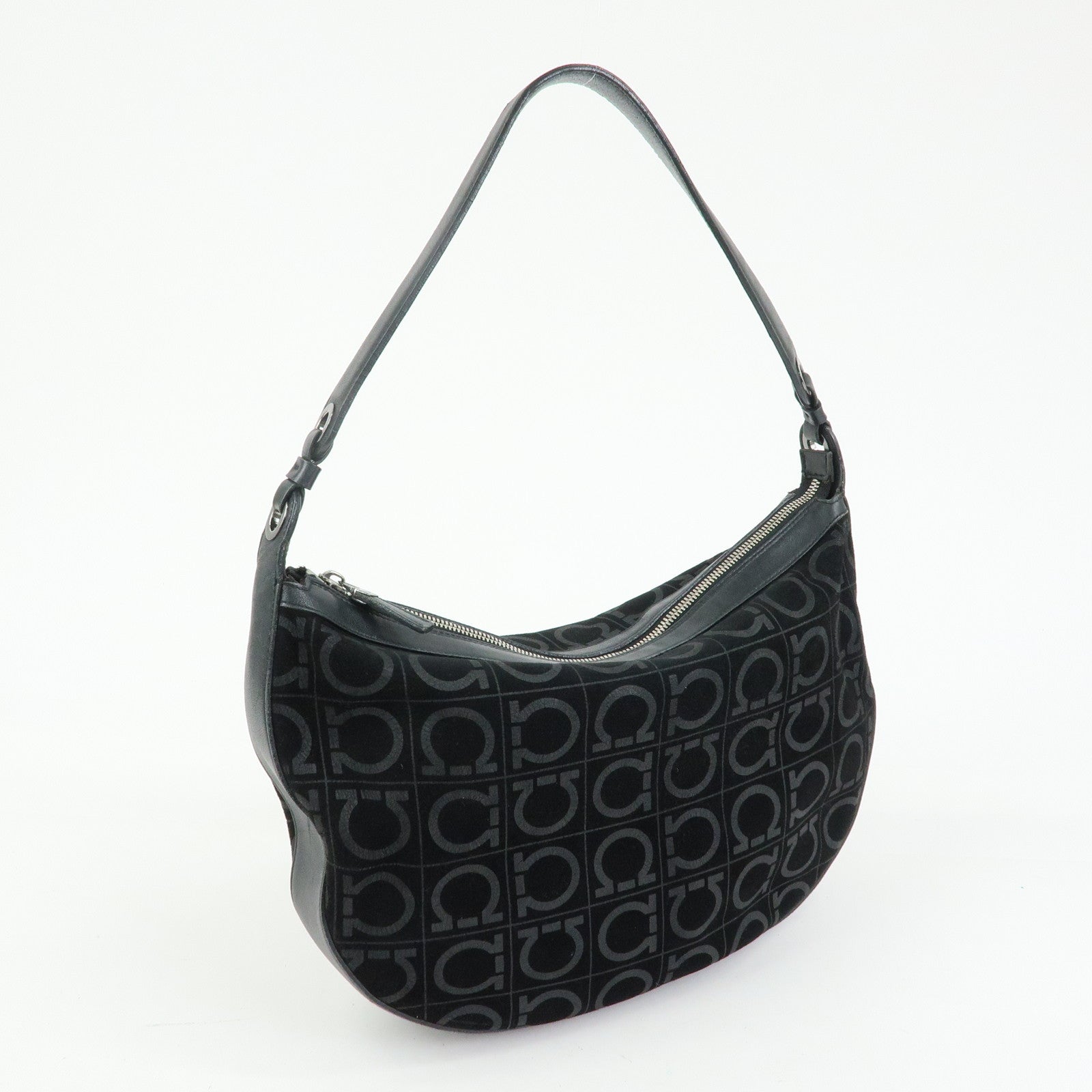 Ferragamo Gancini Suede Leather Shoulder Bag Tote Bag Black
