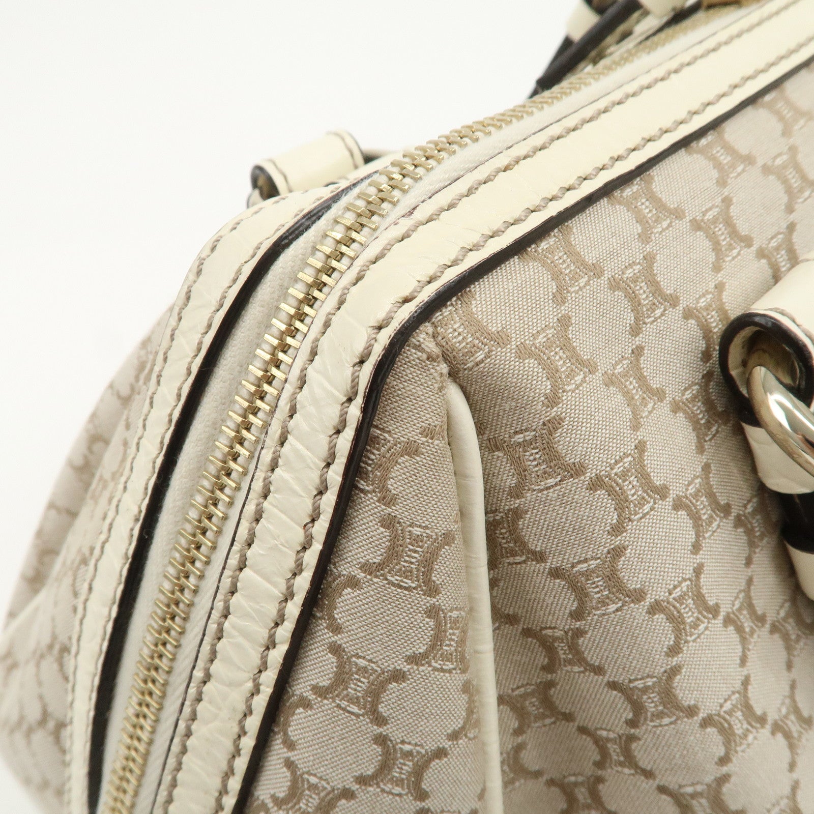 CELINE Macadam Canvas Leather Boston Bag Hand Bag Beige Ivory