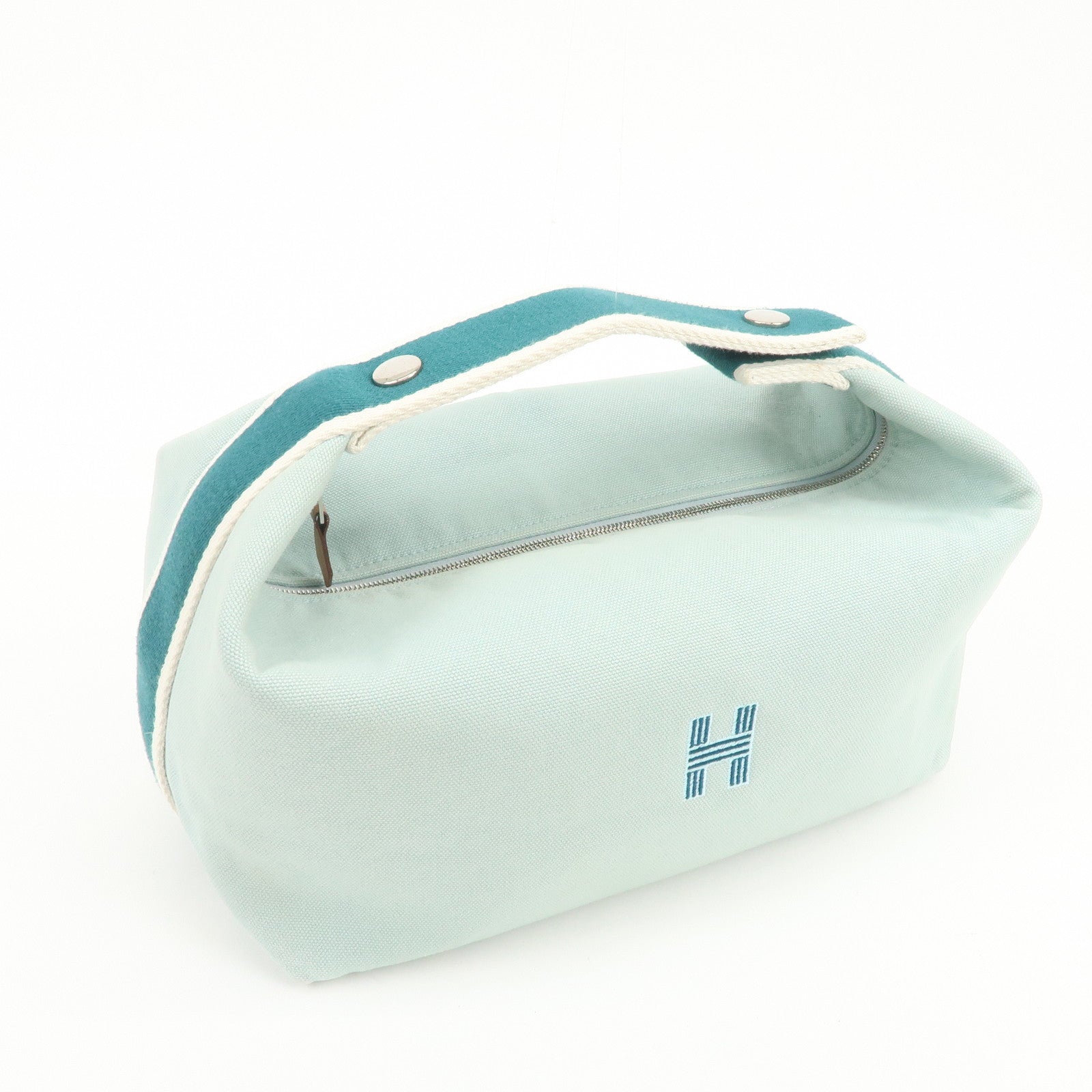 HERMES Bride A Brac GM Canvas Leather Hand Bag Pouch Light Blue
