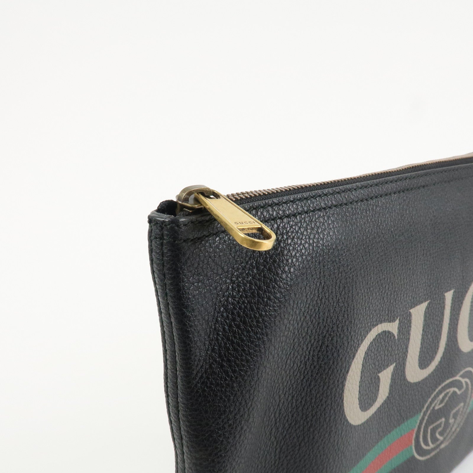 GUCCI Logo Print Leather Portfolio Clutch Bag Black 500984 Used