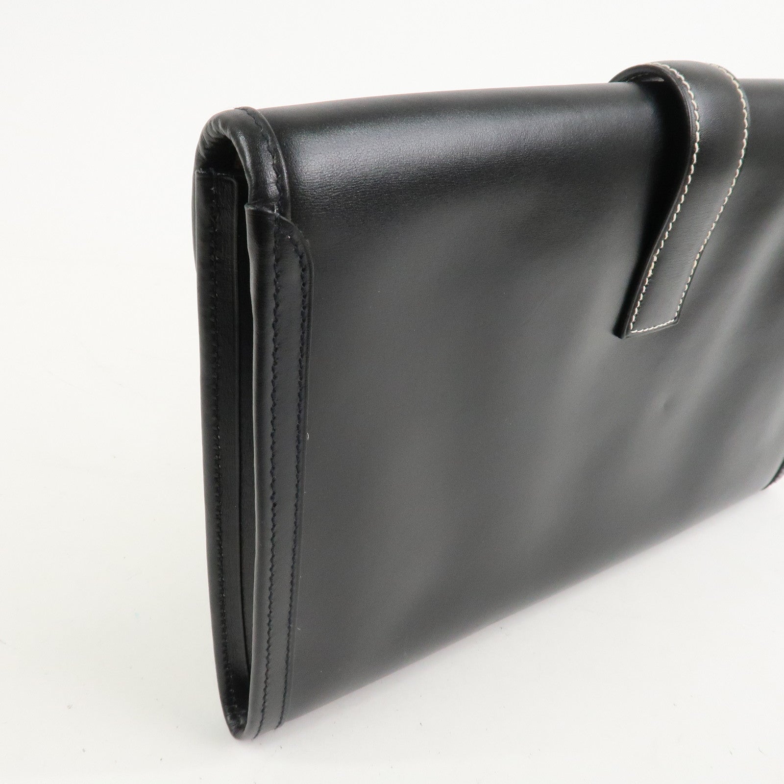 HERMES Box Calf Leather Jige PM Clutch Bag Black