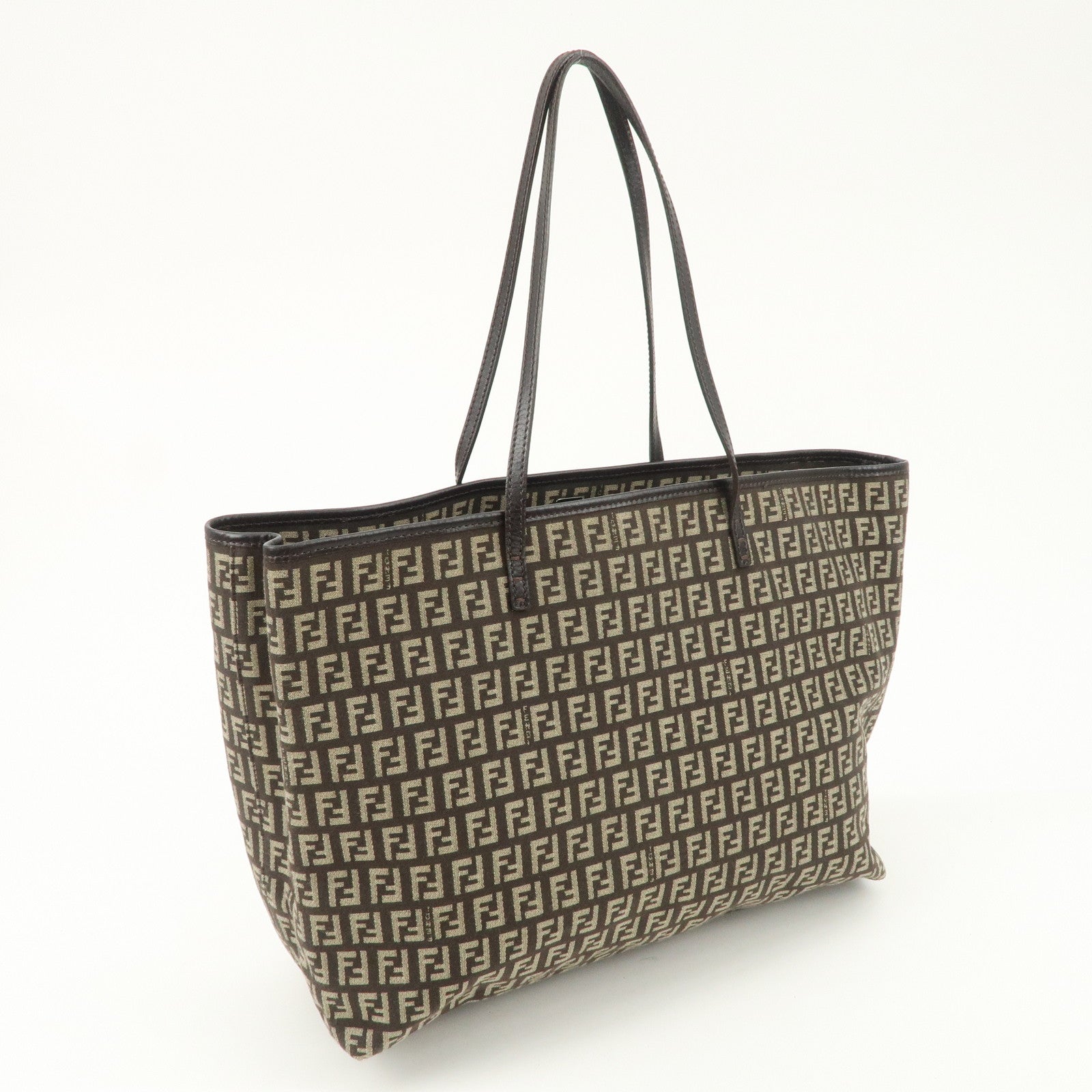 FENDI Zucchino Canvas Leather Tote Bag Beige Brown 8BH104