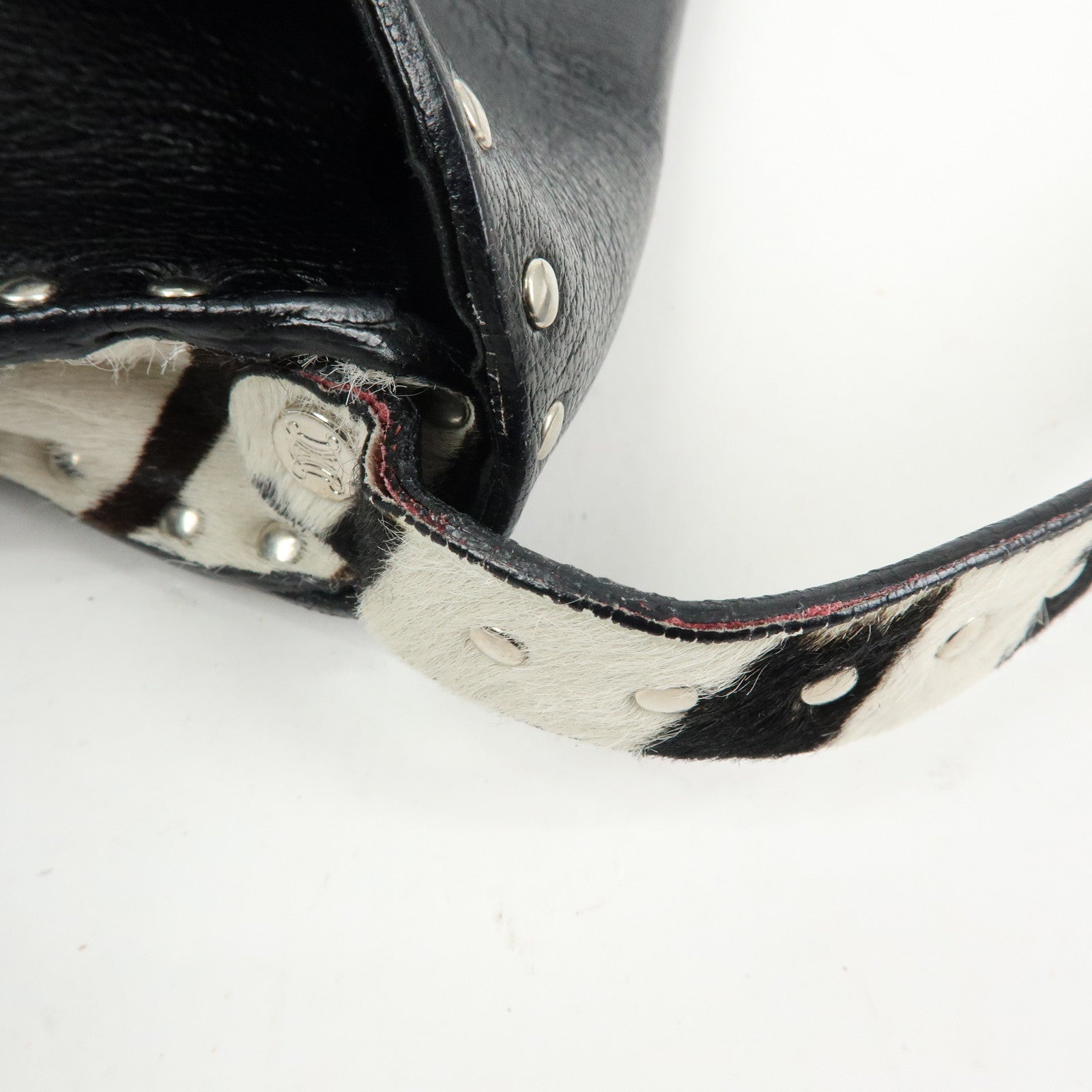 CELINE Haircalf Leather Studs Hand Bag Zebra Print Black White